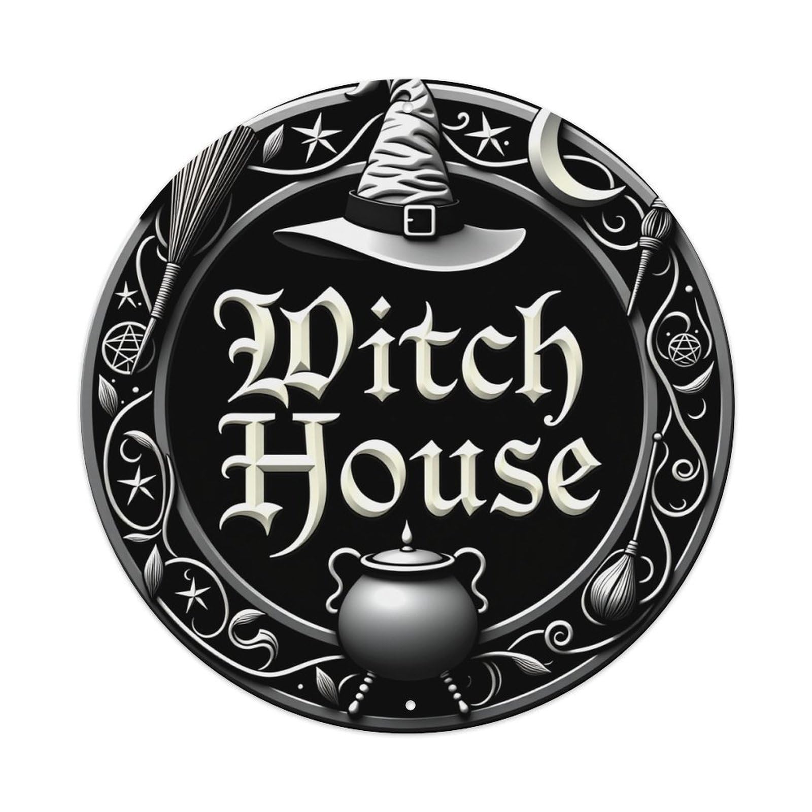 Witch Hat Broom Moon Cauldron Tin Sign Vintage Style Home Bar Garden Wall Plaque Decor Metal Poster 8x12 Inch