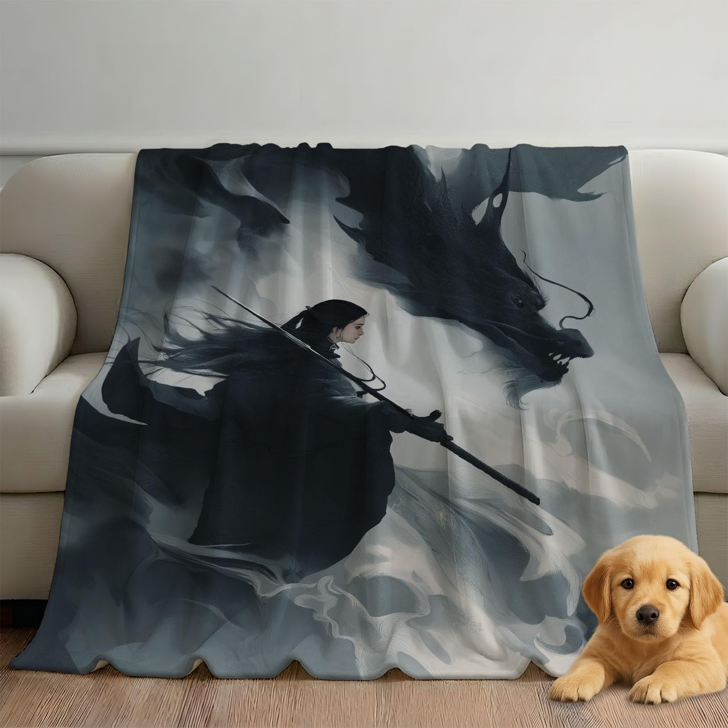 Generisch Koc polarowy, czarno-szary, fantazyjny komiks, smok dla kobiet, 150 x 200 cm, koc na kanapę, puszysty koc z mikrofibry, narzuta na sofę, narzuta na łóżko
