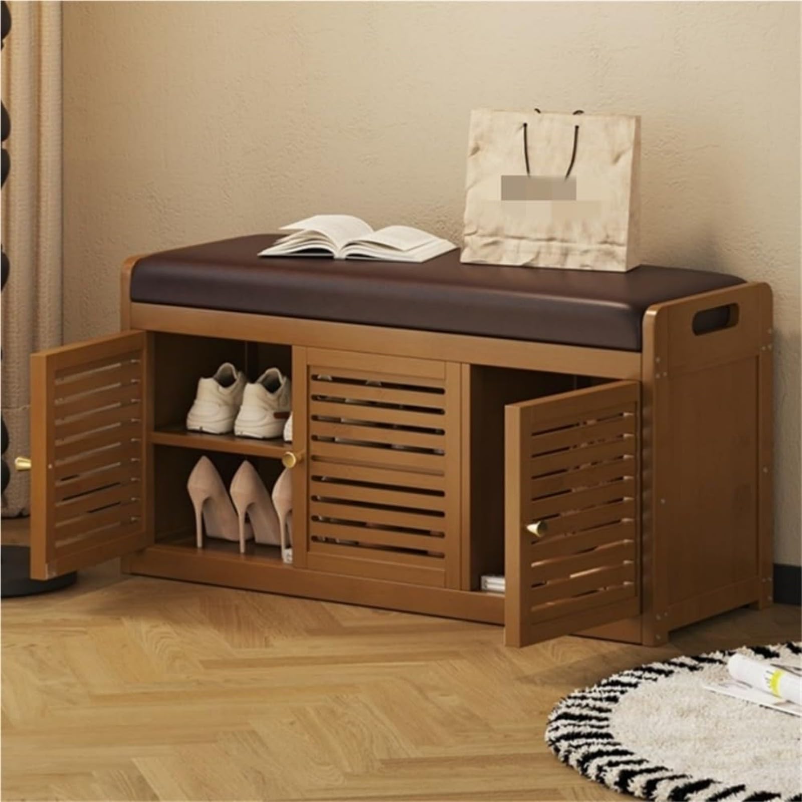 Banc de rangement à chaussures en bois d'ébénisterie avec siège rembourré