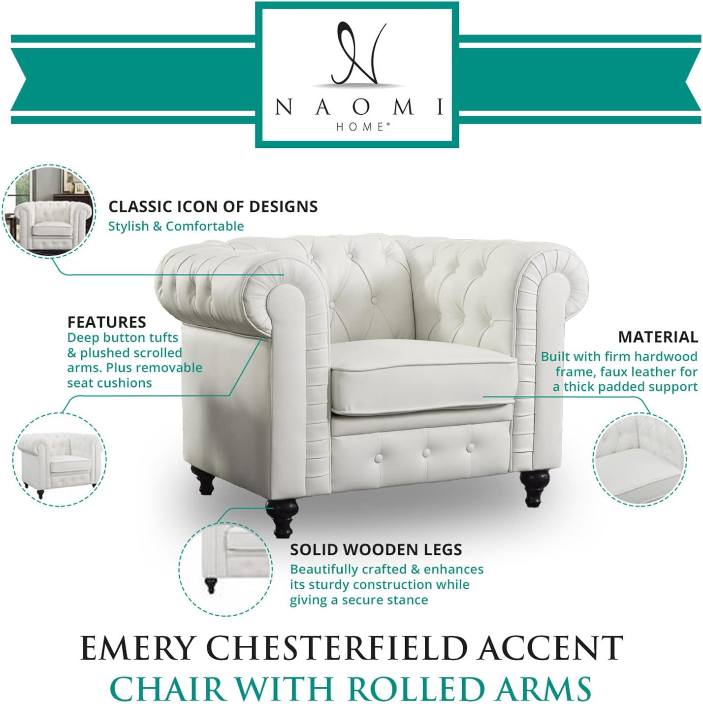Naomi Home Emery Chesterfield Accent Chair in a living room setting, demonstrating its aesthetic appeal and typical usage.