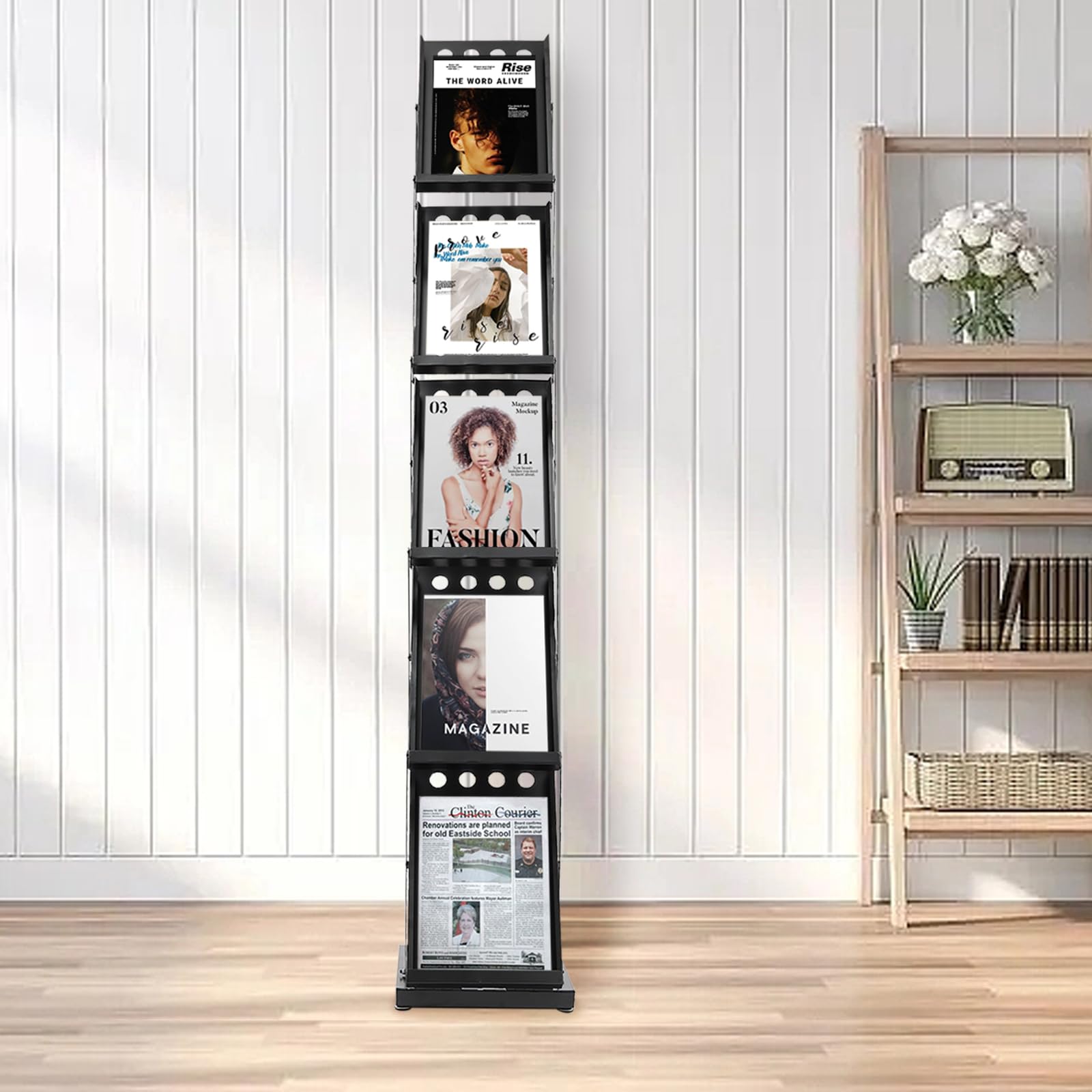 5 Pockets Folding Magazine Rack Foldable Magazine Display Racks Floor Standing 5 Layers Brochure Display Stand Black Portable A4 Flyer Holder for Literature Exhibition Trade Show Office (5 Pockets)