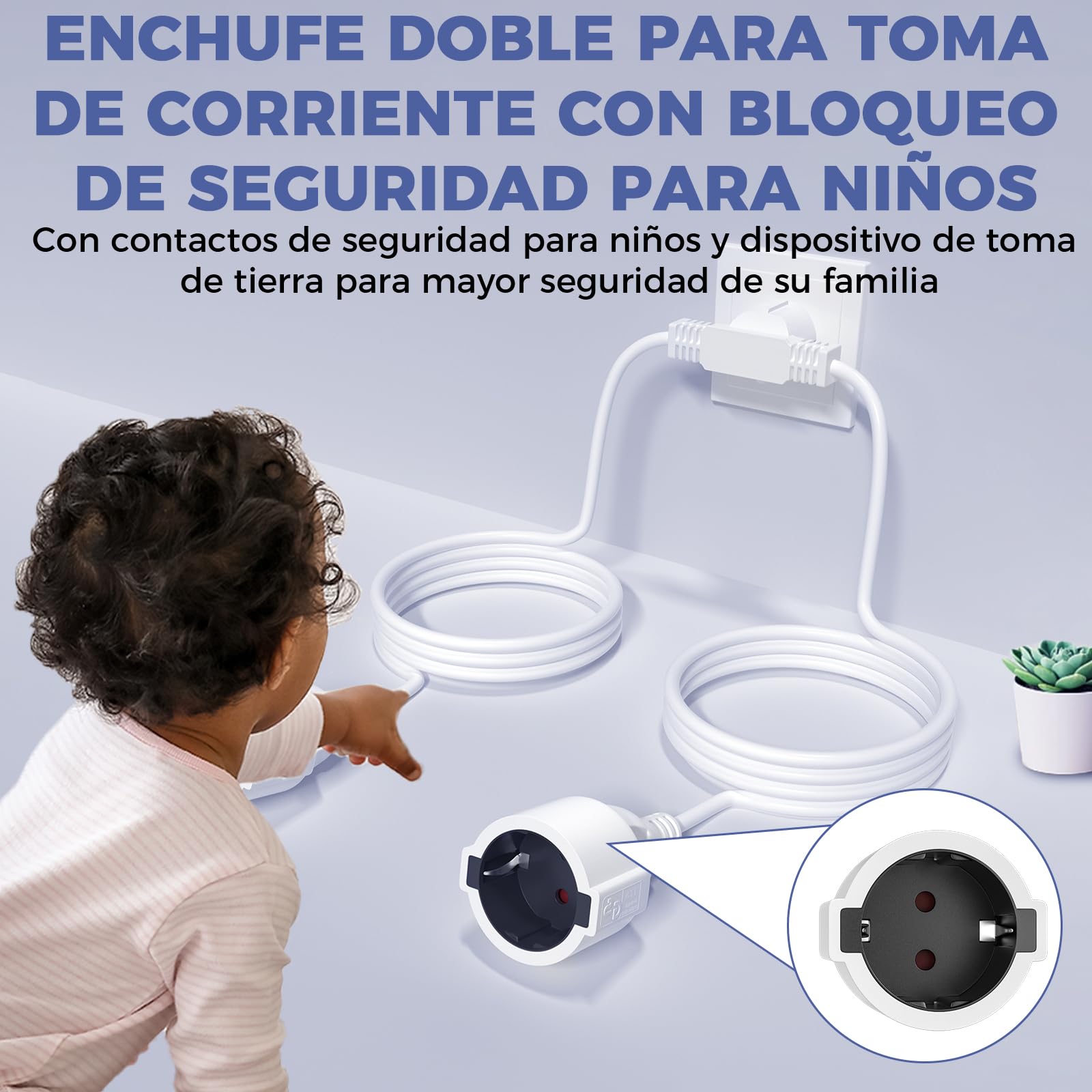 Alargador Enchufe Doble 2M+2M, 2 en 1 Cable Alargador de Corriente Exterior, 250V / 16A / Máx 4000W Alargadera Enchufe con Protección de Contacto para Oficina, Hogar, Viaje alargadera, IP20