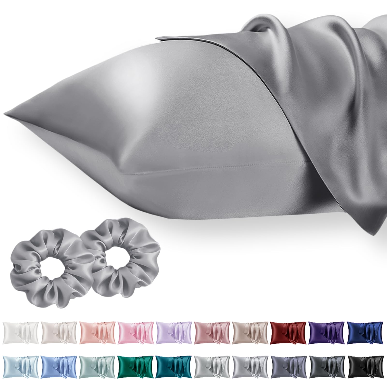 Vielit King Satin Pillowcase for Hair 2pc,Similar to Silk Pillow Cases,Easier Care Than Silk Pillowcase Gifts for Women Men,Grey,20x36 & Envelope Closure and 2 Satin Scrunchies โ image 1