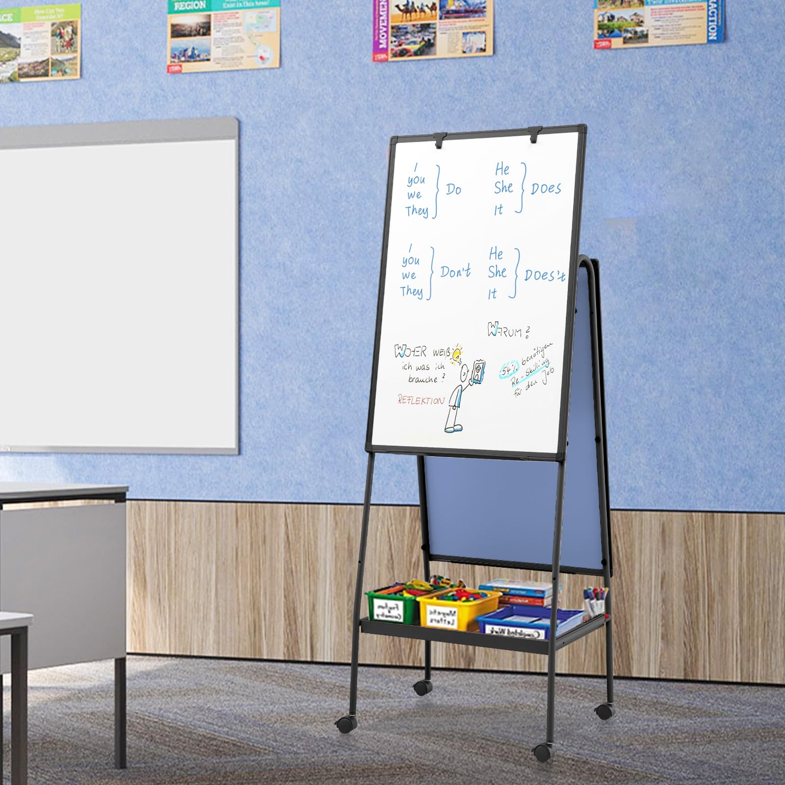 MAKELLO Flipchart 90x60cm Doppelseitiges Whiteboard mit Ständer | Höhenverstellbar, Magnetisch und Beschreibbar, mit 4 Leisen Rollen, mit Ablagefach, Flipchart Ständer für Büro