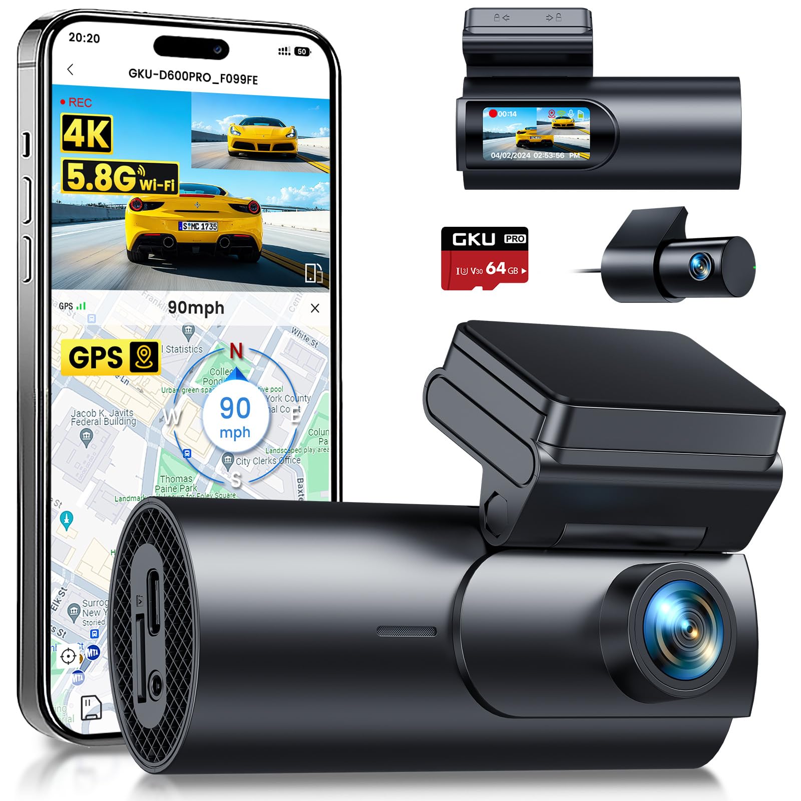 GKU Dash Cam Front and Rear Camera,4K+1080P Dual Dash Camera for Cars Built-in 5GHz WiFi GPS,with 64G SDcard,1.47" Display Dashcam, 24HParking Mode,App Control,Super Night Vision,WDR (D600pro)