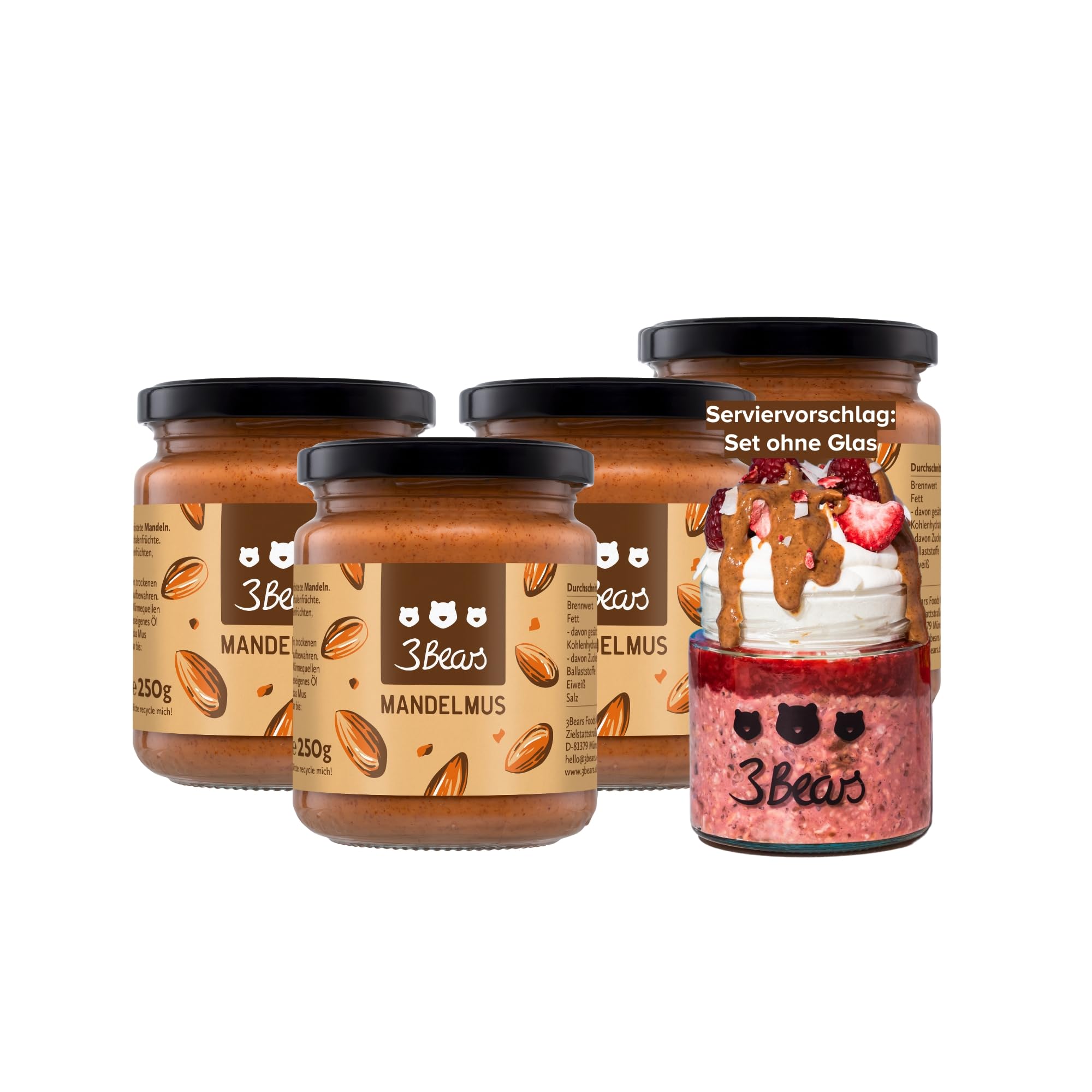 3Bears Mandelmus, 100% geröstete Nüsse, glutenfrei und vegan, cremig und intensiv im Geschmack, 4 x 250 g