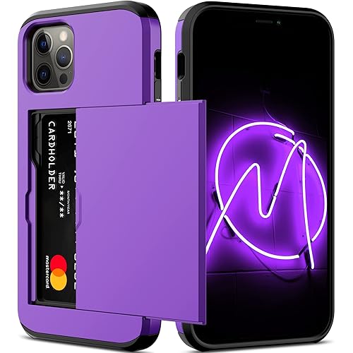 Nvollnoe for iPhone 12/iPhone 12 Pro Case with Card Holder Heavy Duty Protective Dual Layer Shockproof Hidden Card Slot Slim Wallet Case for iPhone 12/12 Pro for Men&Women(Purple)