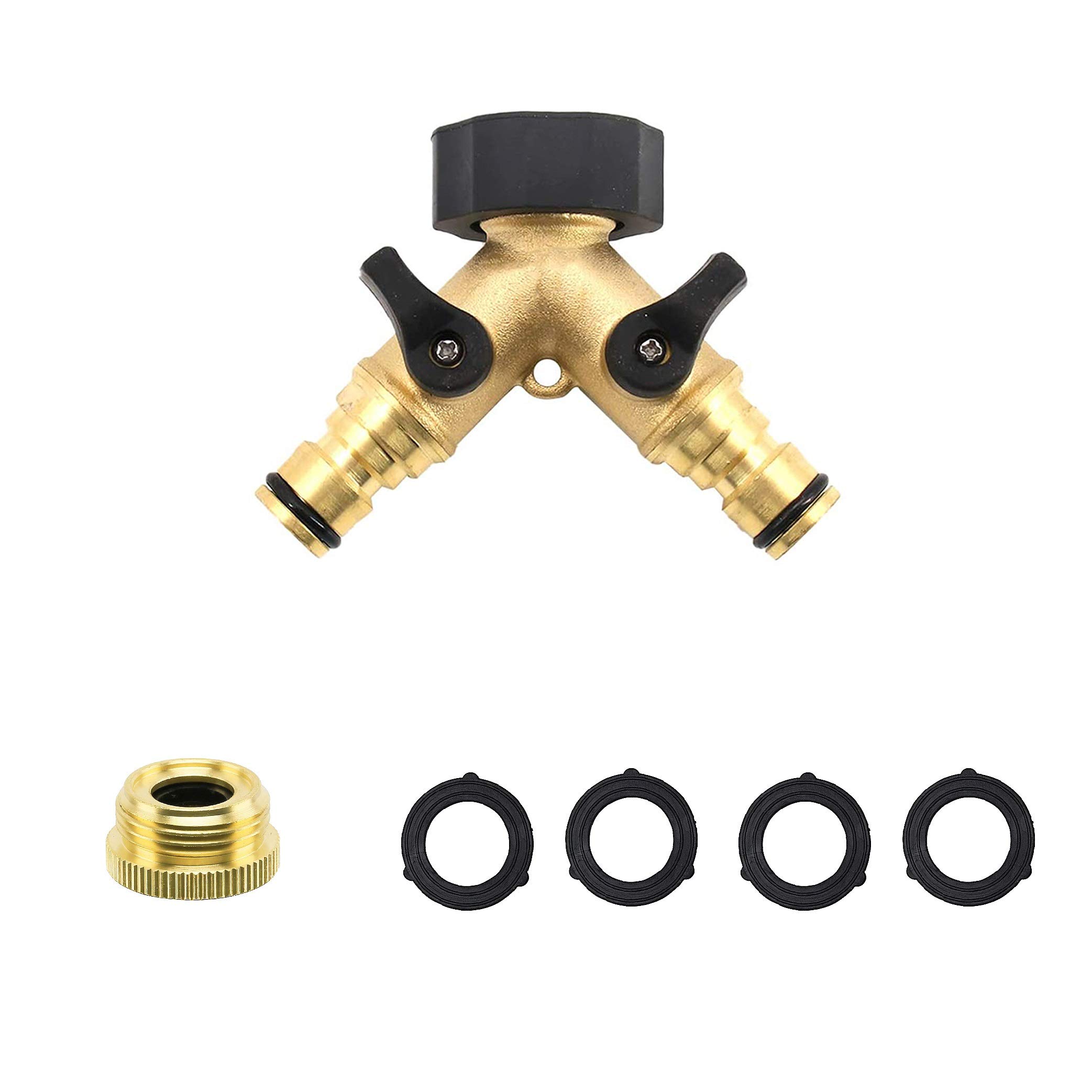 Heavy Duty Garden Y Hose 2 way Splitters Brass Connector With Built-in Adapter Easy Connect Hose Tap Extra Rubber (Size 3/4") with 1/2" to 3/4" adapter