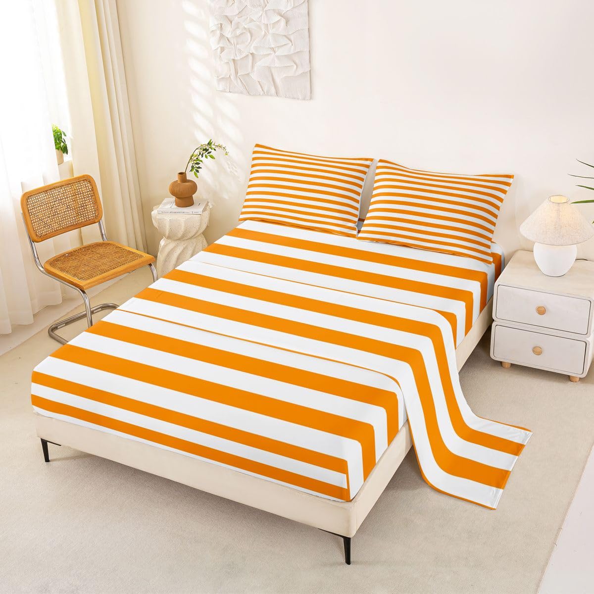 Manfei Orange-weiß gestreiftes Kinder-Bettlaken, volle Größe, gestreift, Retro, abstrakt, ästhetisches Bettwäsche-Set, modern, geometrisch, minimalistisch, Kinderzimmer-Dekor, schlichtes klassisches
