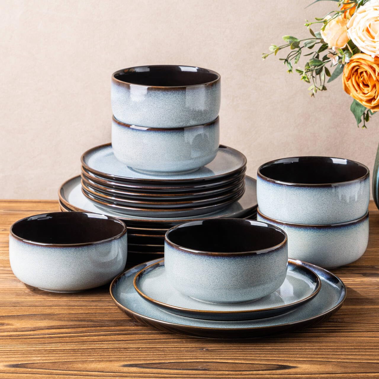 LeRATIO Ceramic Dinnerware Set of 4, Poreclain Plates, Bowls, Handmade Reactive Glaze Dishes, Chip Resistant, Oven & Dishwasher Safe, Service for 4-Gray White