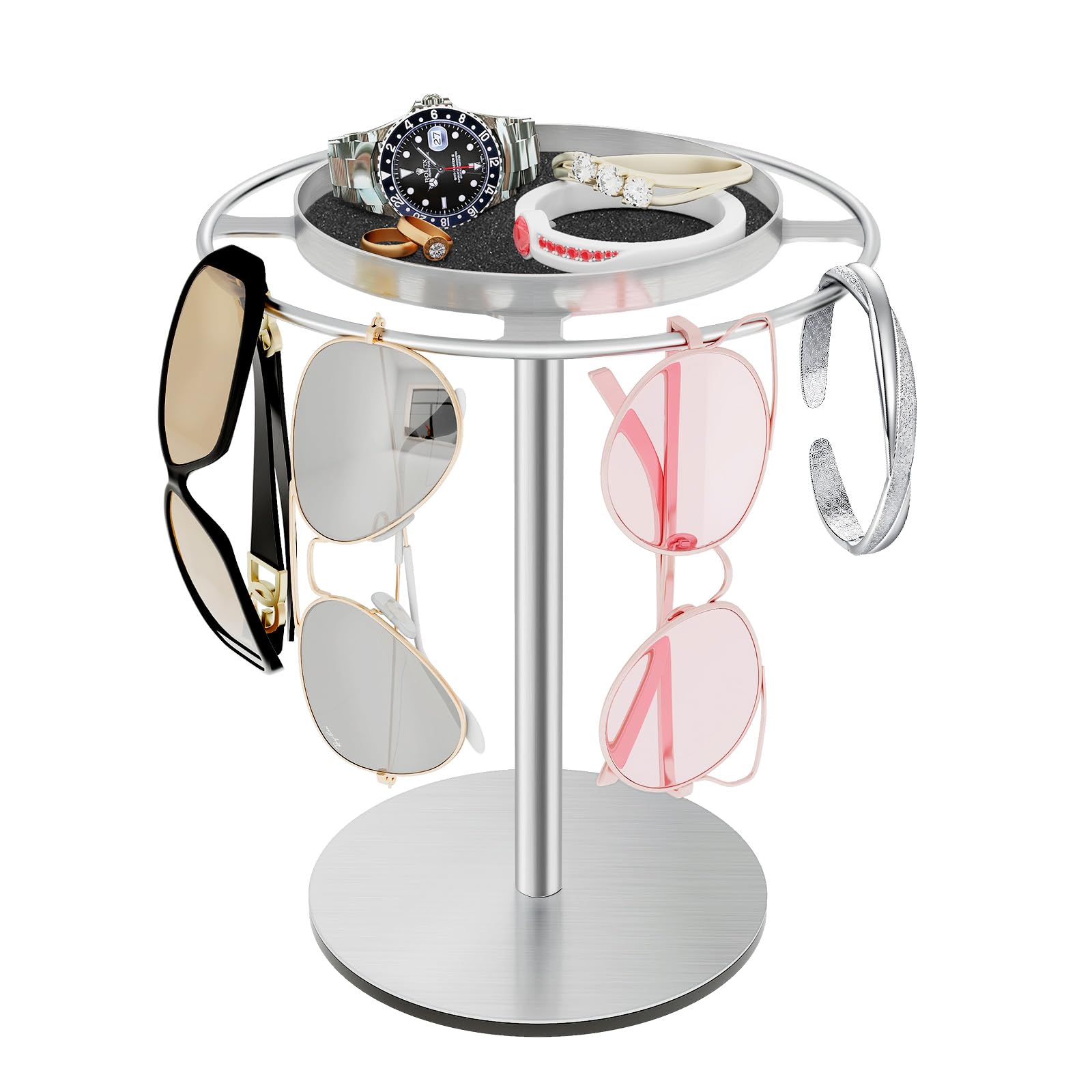 LSK Metal Sunglasses Organizer, Glasses Stand with Storage Tray, Silver