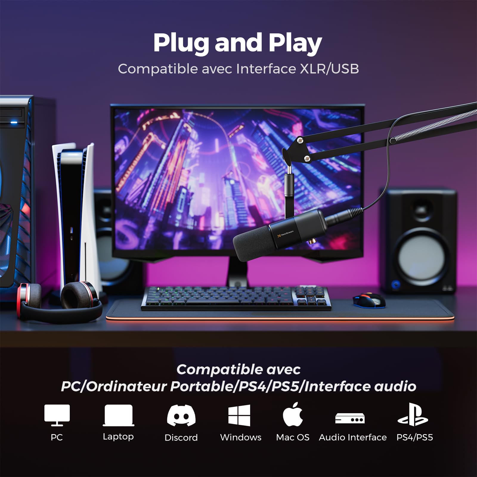 NearStream Microphone à Condensateur USB/XLR Supercardioïde pour Streaming Gaming Podcast, Réduction de Bruit &Monitoring& Muet& Gain Réglable,pour PC, Mac, PS4/PS5, Mixer Audio,Interface Audio,AM20X