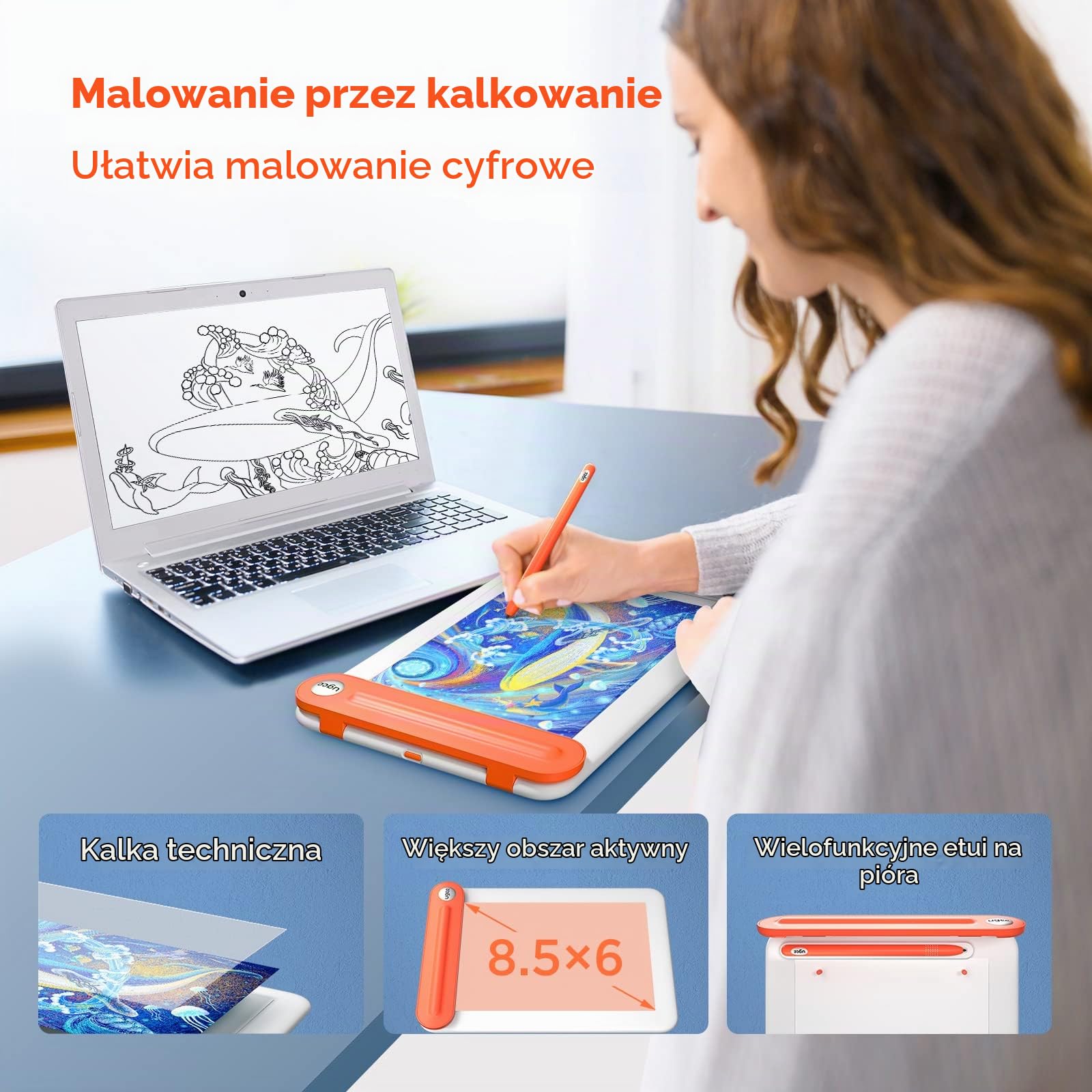 UGEE Q8W tablet graficzny Bluetooth, 8-calowy przenośny tablet do rysowania bez opóźnienia, początkujący tablet do rysowania, tablet graficzny z piórem kompatybilny z systemem Windows, Mac, Chromebook