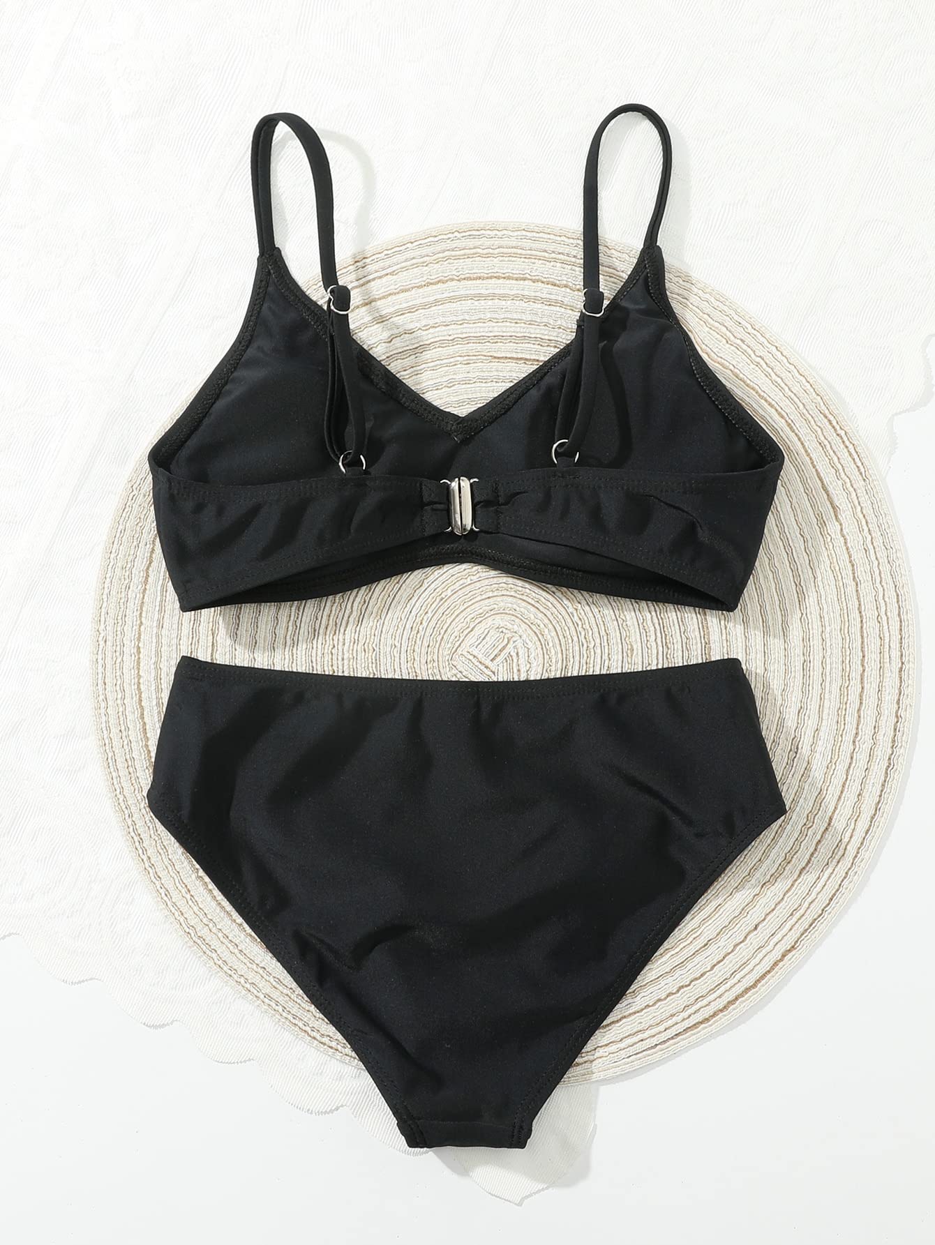 MakeMeChic Girl's Solid Summer Bikini Sets Two Piece Bathing Suit V Neck Adjustable Strap Swimsuit Swimwear Black 12 Years