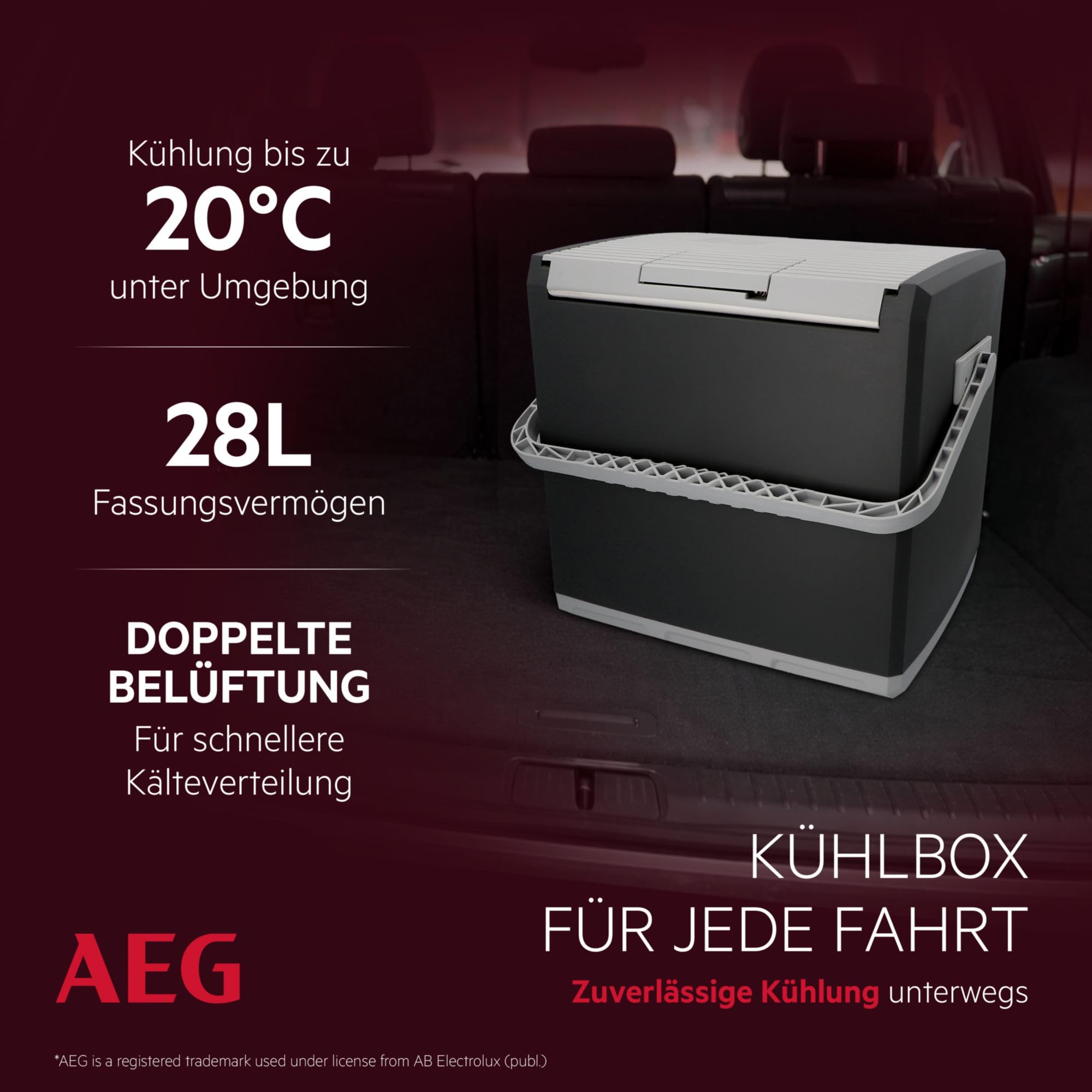 AEG Thermoelektrische Kühlbox KK 28, kühlt bis 20 °C unter Umgebungstemparatur, 28 Liter Fassungsvermögen, 12V/230V, Tragegriff & Kabelfach, leicht zu reinigen, für Auto, Reisen & Camping