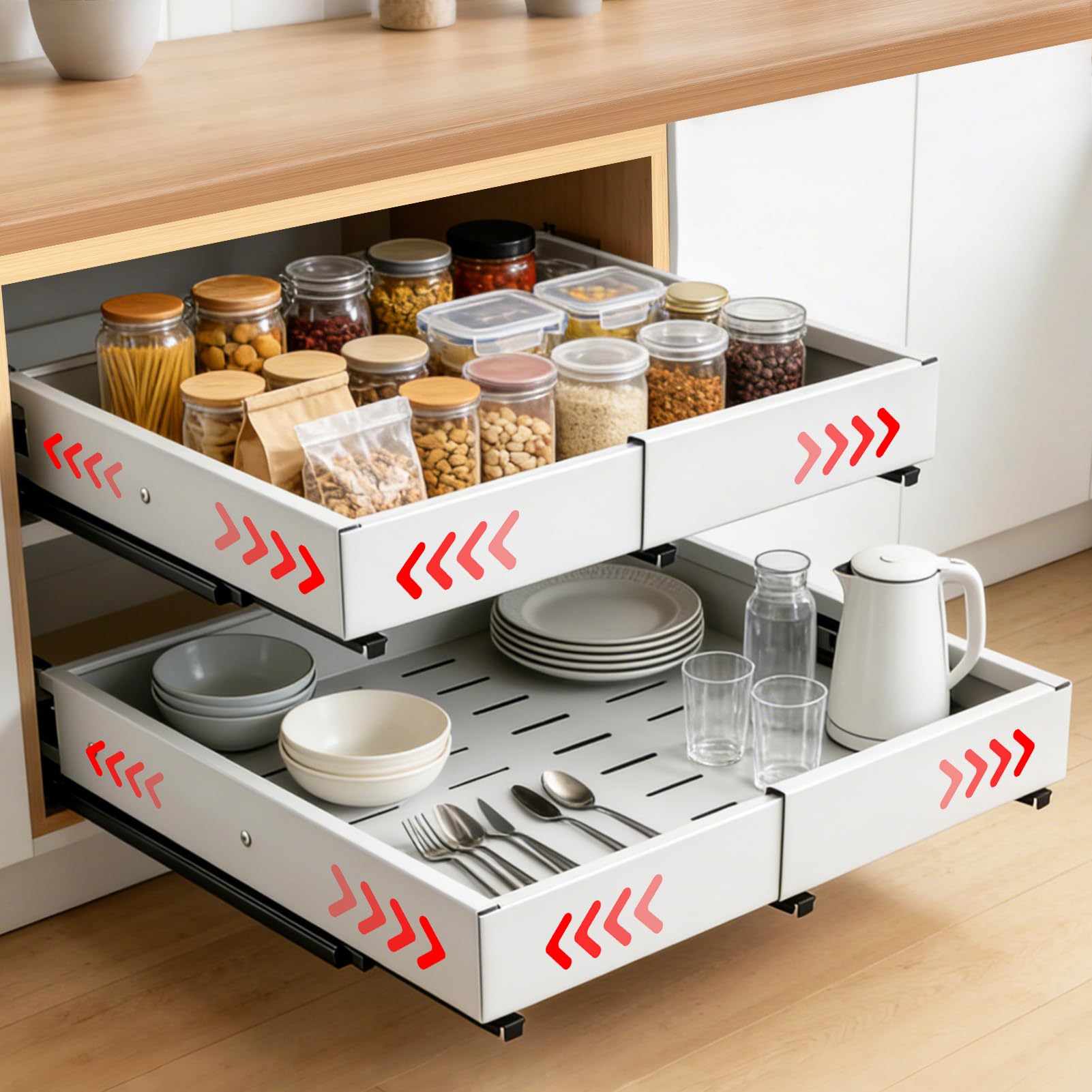 2 Stück 4 Richtungen Teleskopschublade,Metall Schrank-Schubladen-Organizer,erweiterbar ausziehbare schublade küche mit Kleber,Breite 29.5–48cm & Tiefe 41.5–58cm,für Küche Pantry Organisation