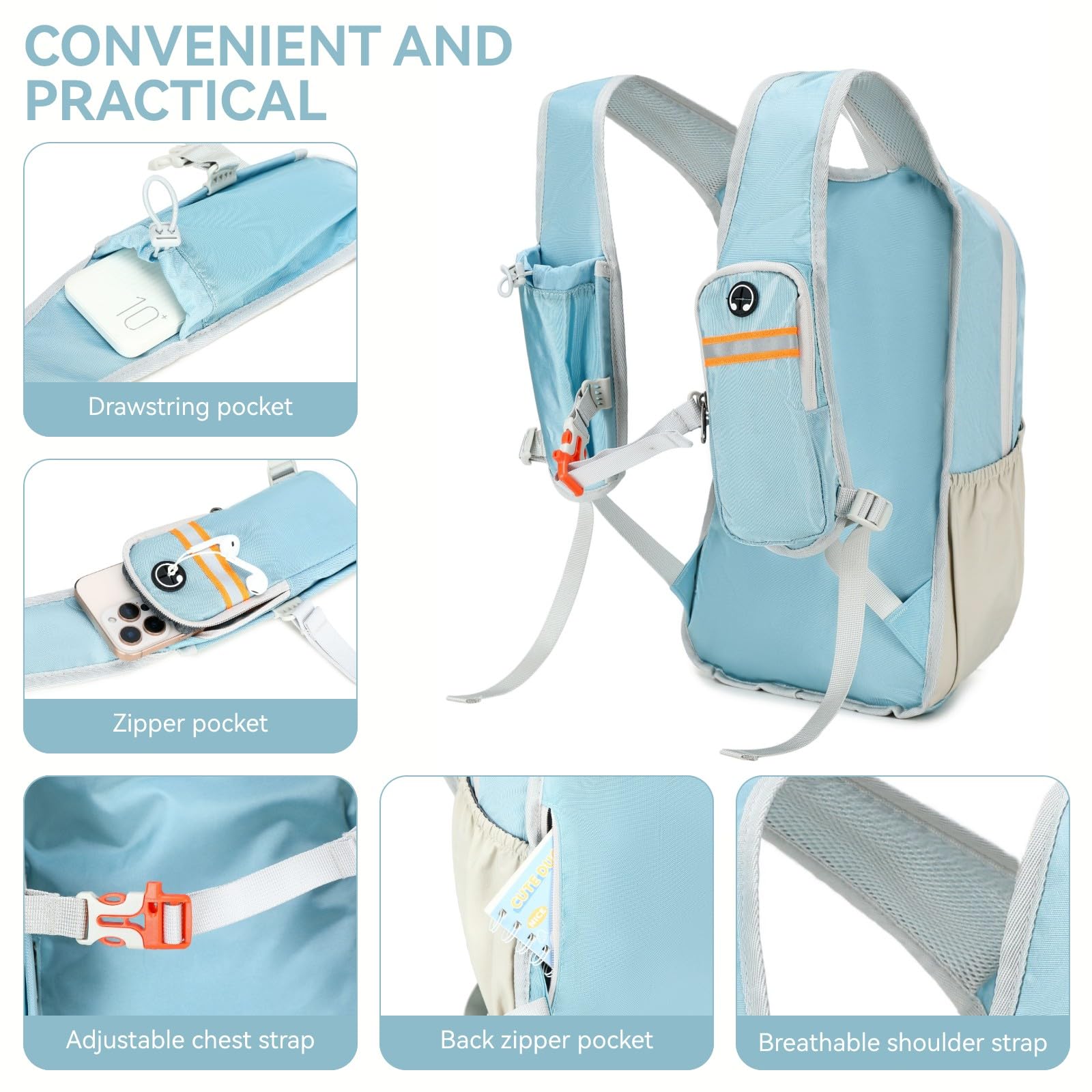 Mochila pequeña de senderismo de 15 litros para mujeres y hombres, mochila plegable ligera para acampar viajes al aire libre, Azul 3