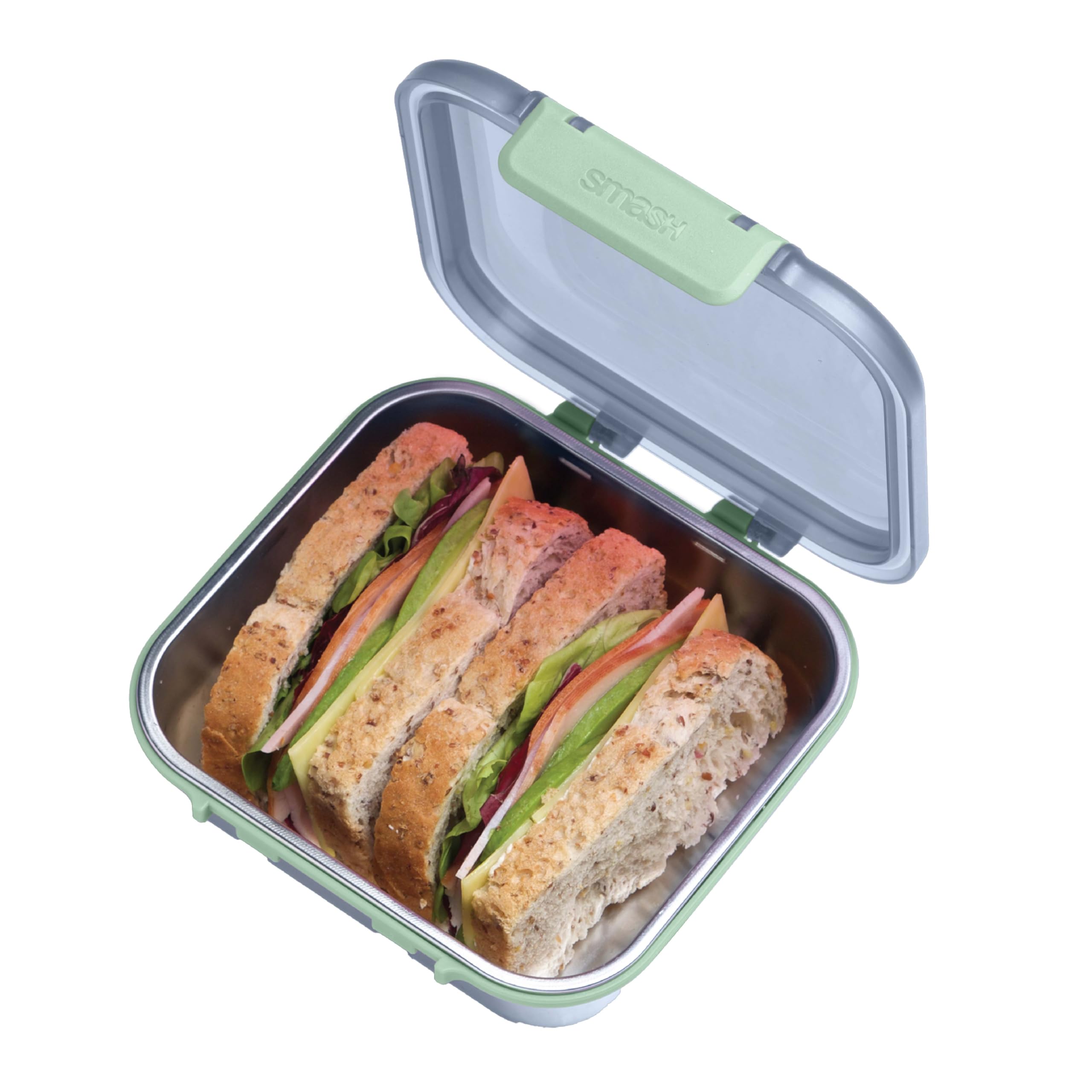 Smash 900ml /30 oz Microwave Safe Stainless Steel Meal/Sandwich/Lunch Box with Charcoal Hinged Lid – Leak-Proof Clip Closure, Silicone Seal, BPA-Free