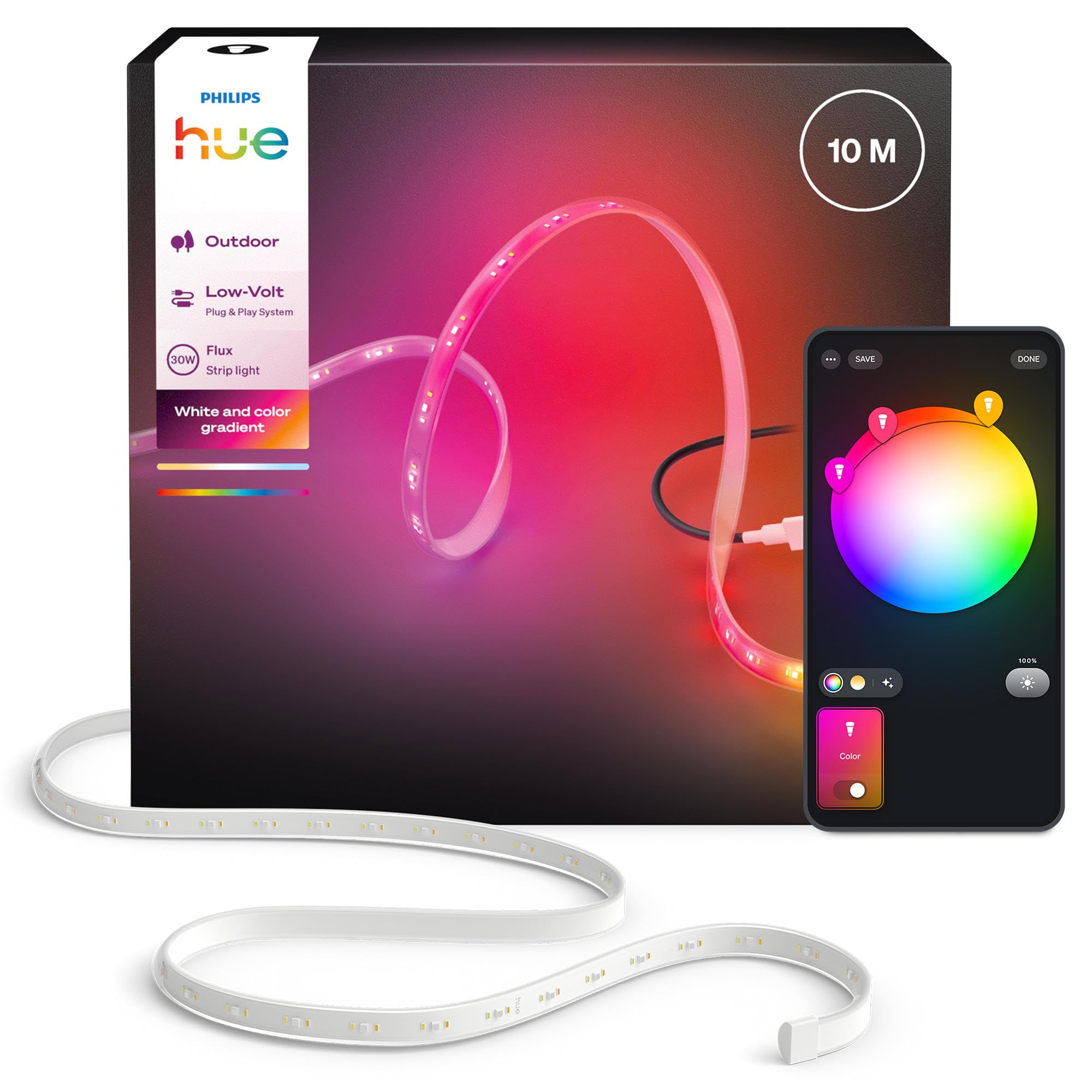 Philips Hue Flux Outdoor 10-Meter Mehrfarbiger LED-Lightstrip, 3000 lm LED Streifen, farbiges LED Lichtband, Flexible Außenbeleuchtung, Chromasync™-Farbmischung, wetterfest, App- und Sprachsteuerung