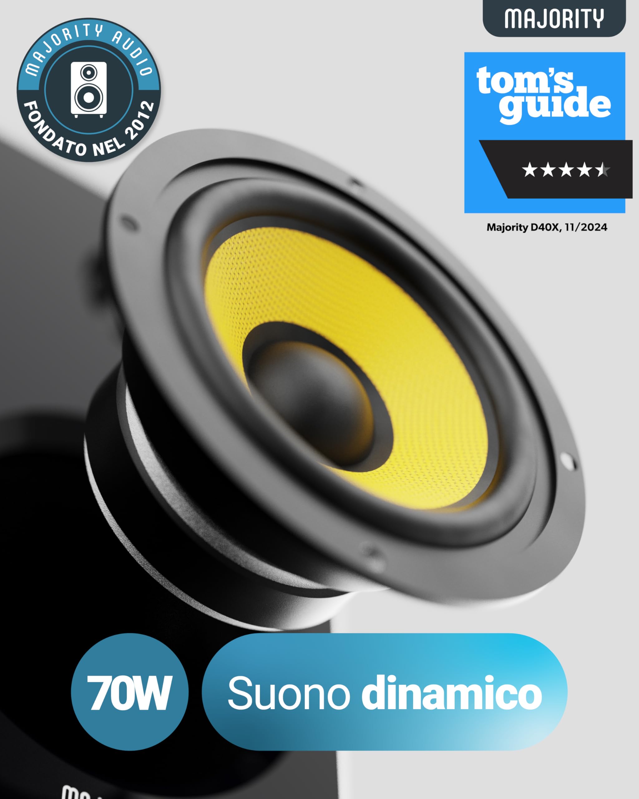 Majority D40X 70W PC Bluetooth Amplificate Attive Casse con Bluetooth | Casse Monitor Studio | Cono Dell'altoparlante Giallo in Kevlar e Cabinet in Legno | Ottico, USB e AUX D40X Audio Bluetooth