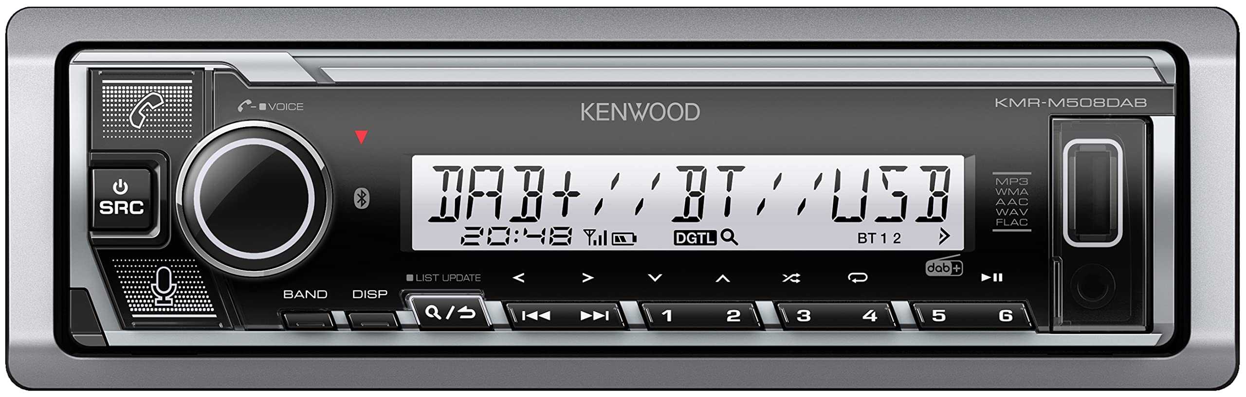 Radio con Bluetooth para Embarcaciones, Compatible con Alexa - Autorradio Marina 1 DIN, Extraíble, con Entrada USB y Aux - Equipo de Audio con Sintonizador Digital Dab+ y FM/Am - Kenwood KMR-M508DAB