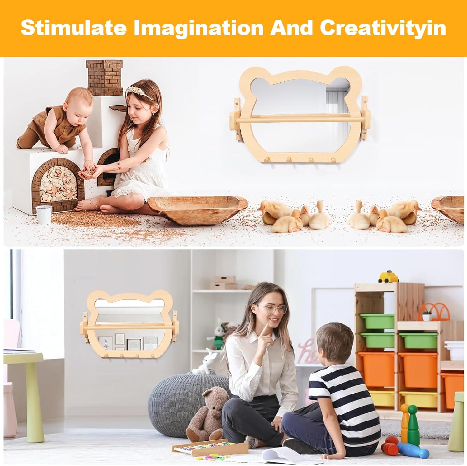 Montessori Toddler Mirror with Hooks and Bar, Adjustable Wooden Bear-Shaped Kids Mirror for Self-Discovery, Classroom & Home Use in Daycare, Preschool, Homeschool