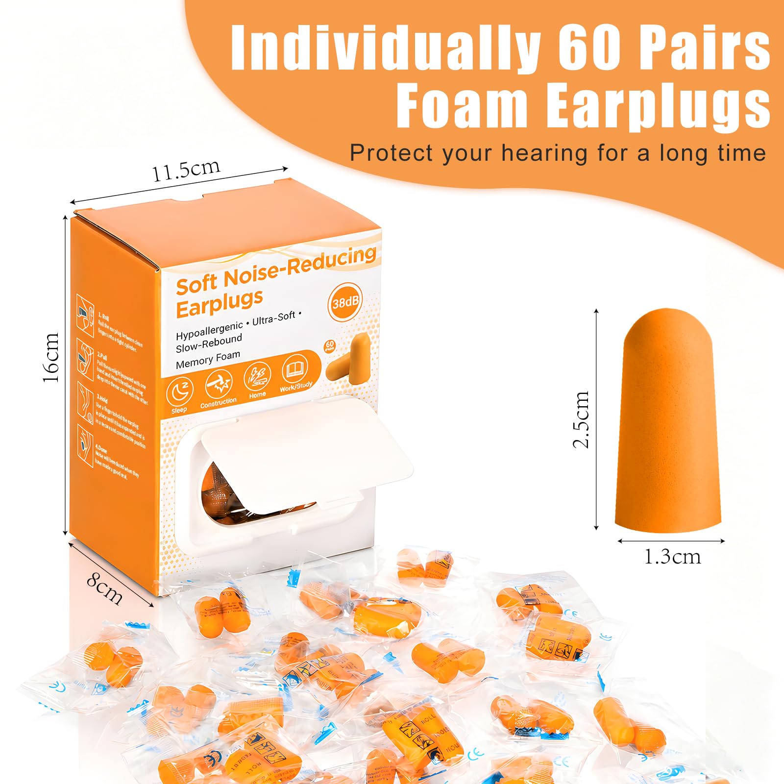 Produktbild von 60 Paar Noise Cancelling Schaumstoff-Ohrstöpsel – Weich, Einweg, Ideal Zum Schlafen & Reisen