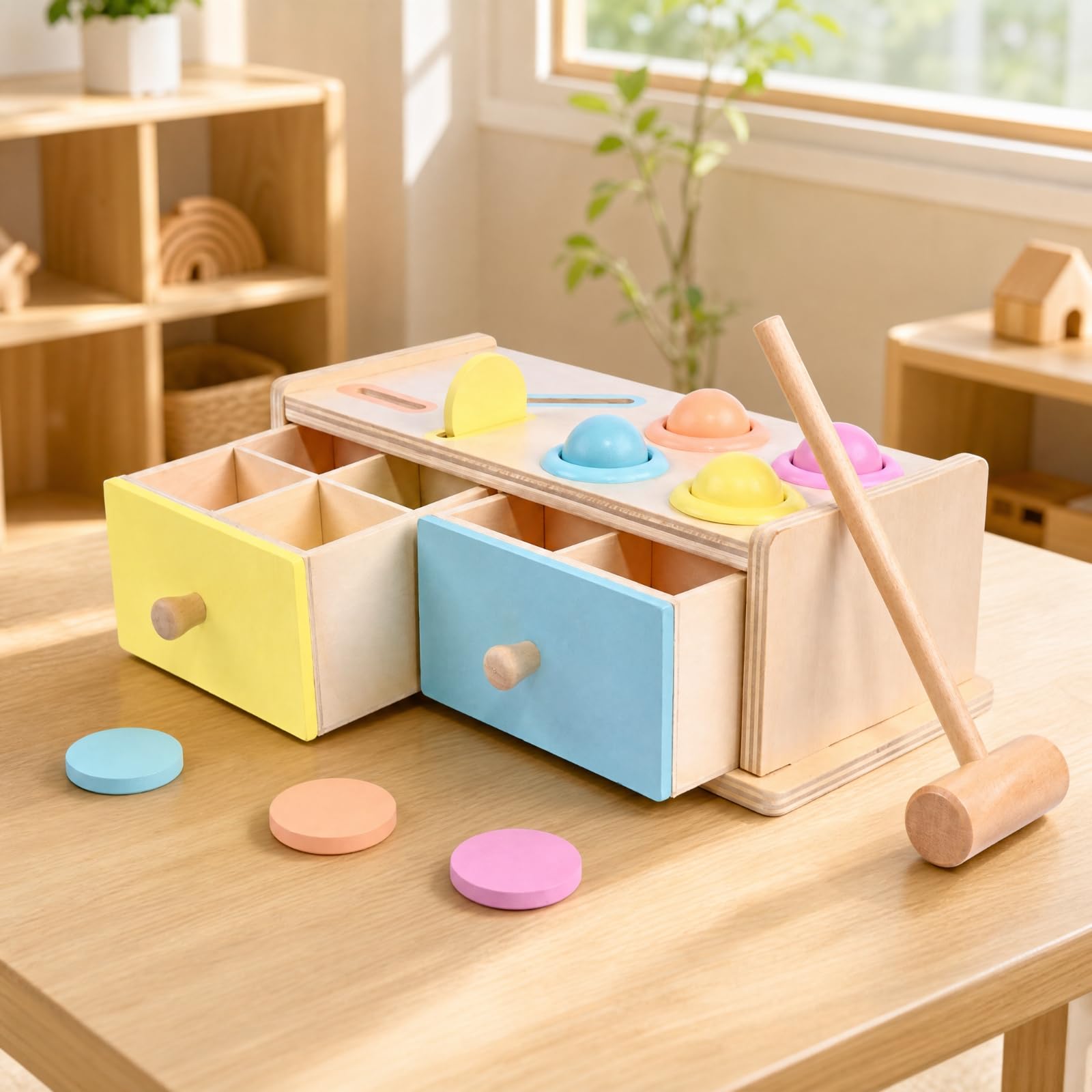 Scatola di attività di Ordinamento dei Colori e Martellamento Compatto Scatottività con Cassetti e Martello in Legno Ideale Regalo per Casa