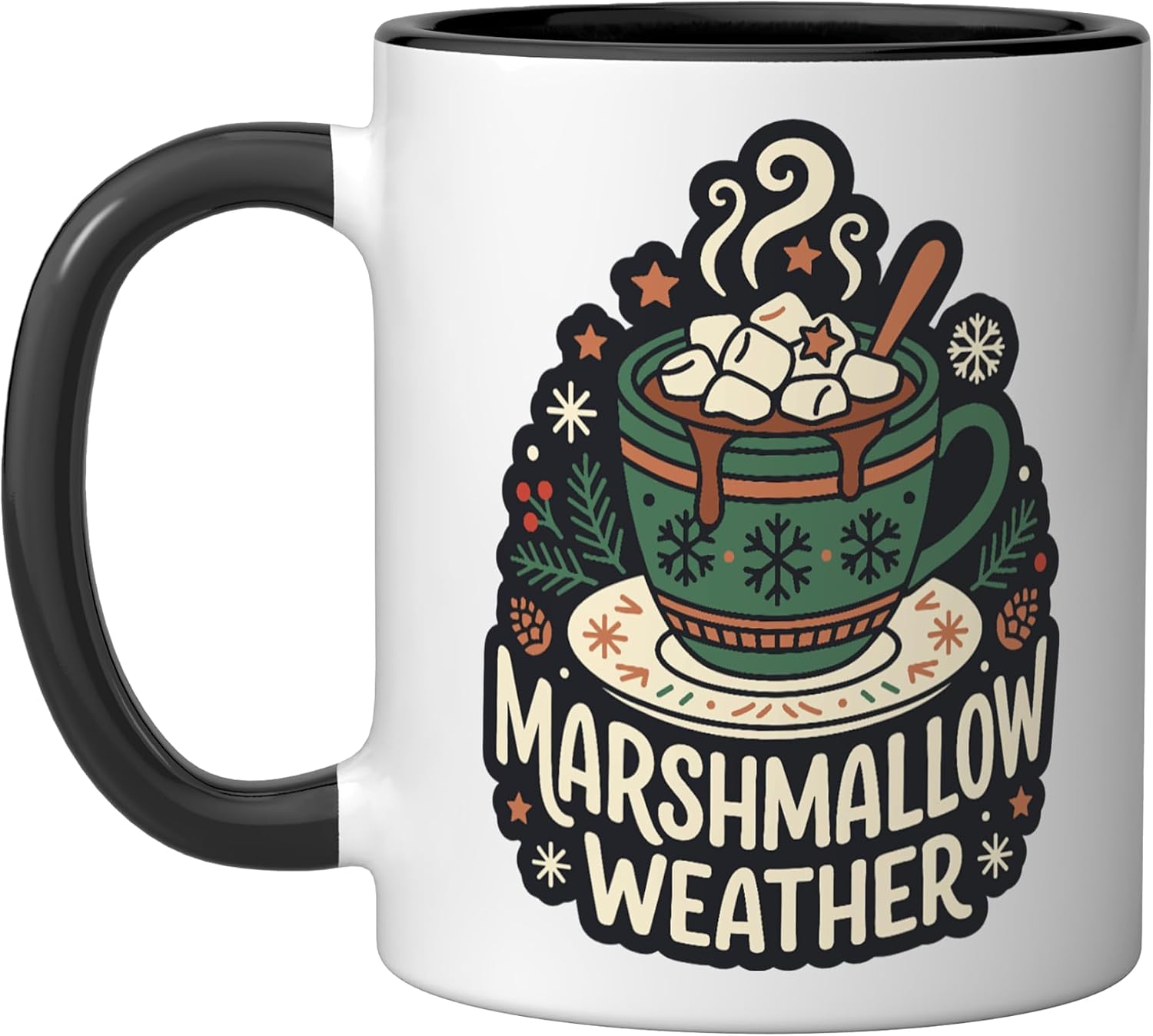 Marshmallow Weather Cozy Winter Snowflake Hot Chocolate Ceramic Mug, Black/White, 11oz