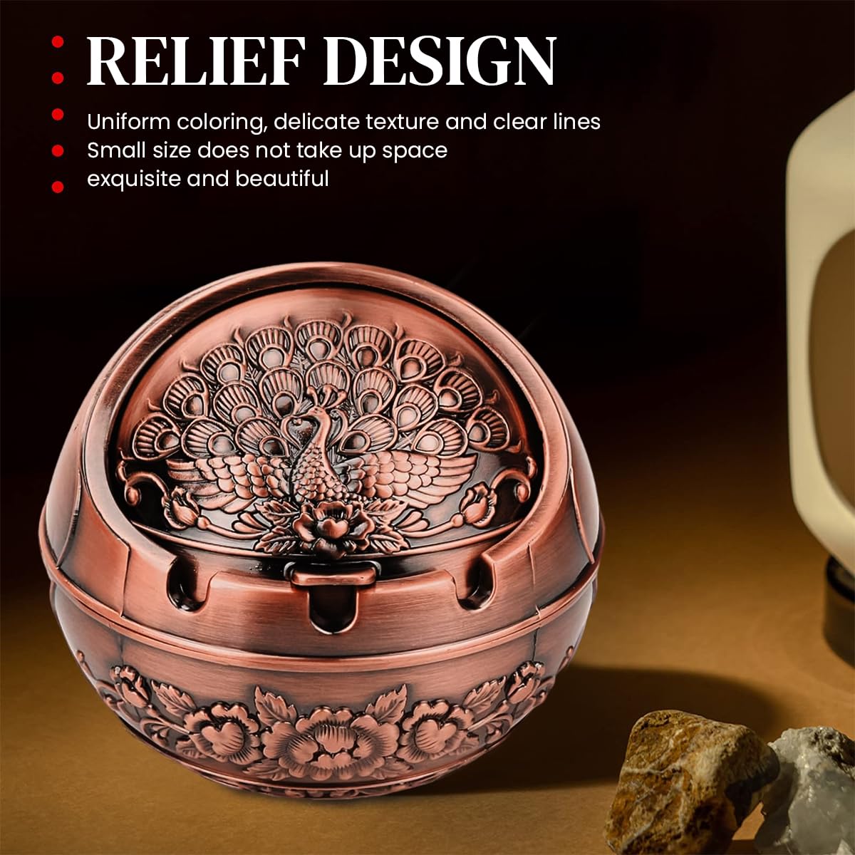 HASTHIP Peacock Ashtray, Zinc Alloy 10x10x9cm, Closing Lid, 3 Grooves 4