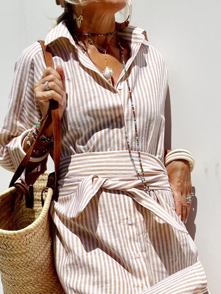 utcoco - Vestido camisero largo informal para mujer, con cuello de solapa, manga 3/4, botones, abertura lateral y cinturón, para vacaciones 2026
