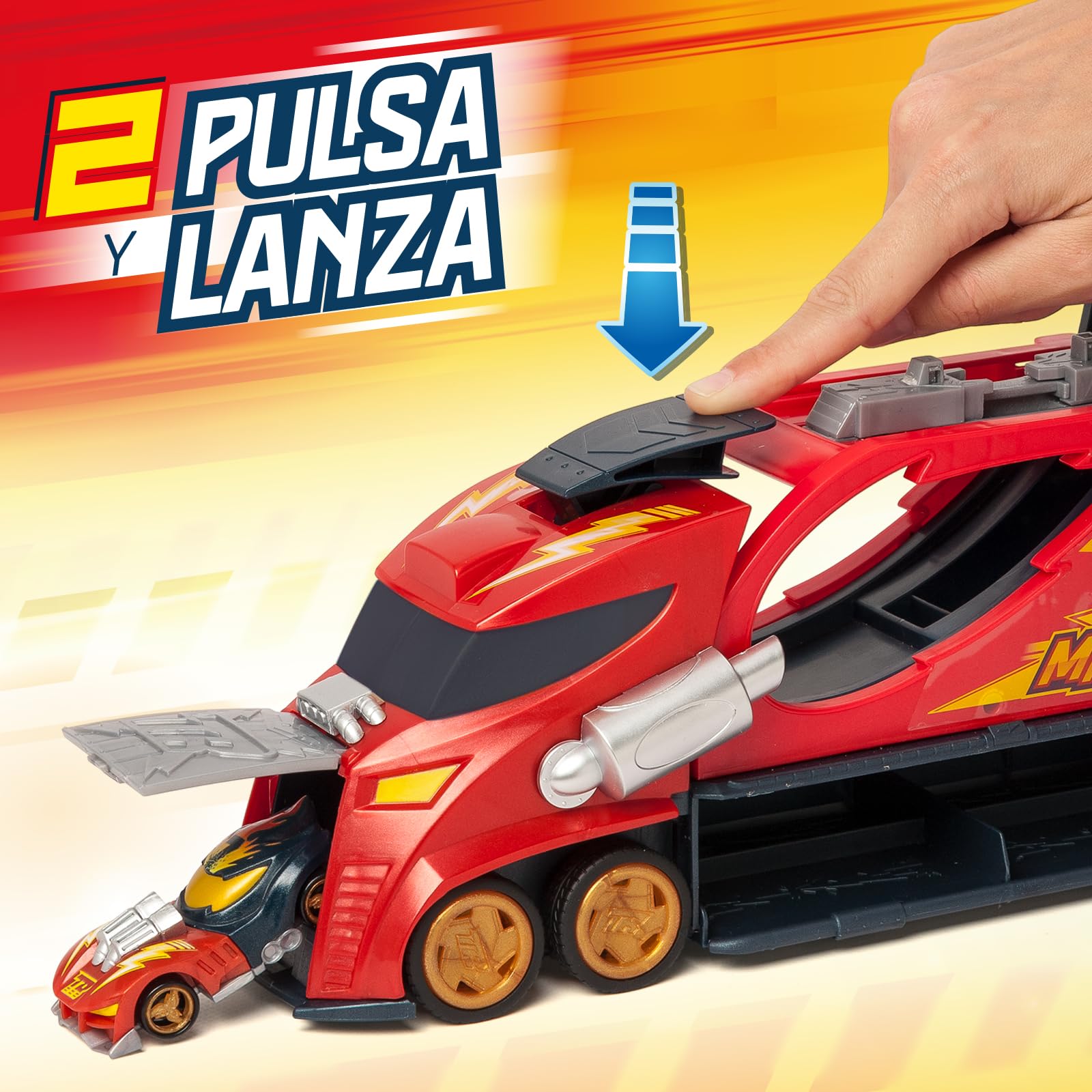 T-Racers Mix ´N Race Thunder Truck– Camión Lanzador con 3 acciones en 1. Incluye 1 vehículo T-Racer Mix ´N Race Exclusivo, Zona para Montar vehículos, Tirador para lanzarlos y Espacio para 7 Coches