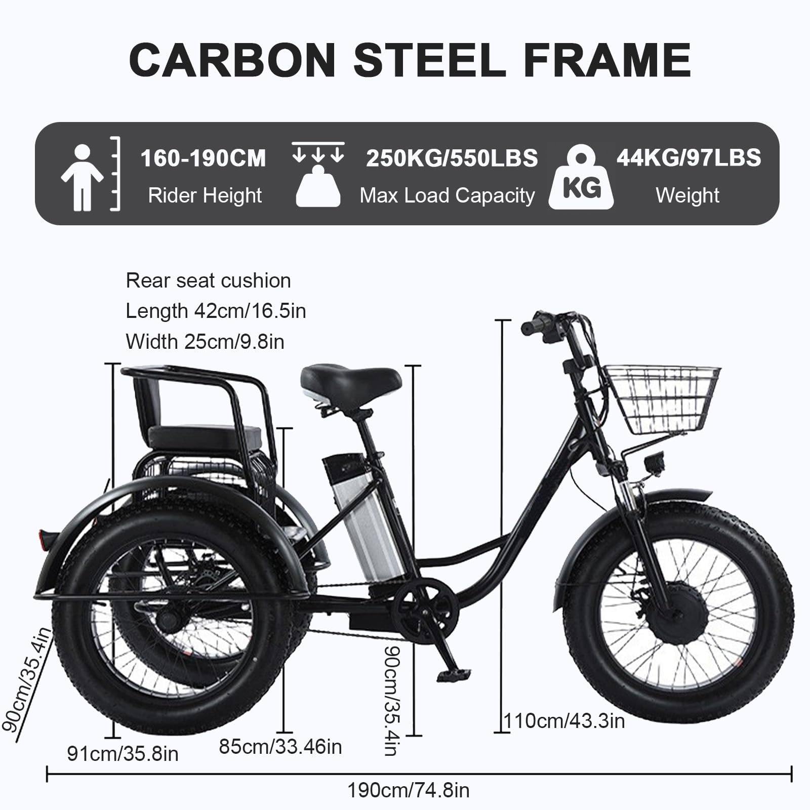 Triciclo Eléctrico Para Adultos,Con Neumáticos Anchos Todoterreno De 20" X 4.0,Cesta De La Compra Y Asiento Trasero,Batería Extraíble De 48v/12ah,Carga 200 Kg,Ideal Para Ir De Compras, Pícnics