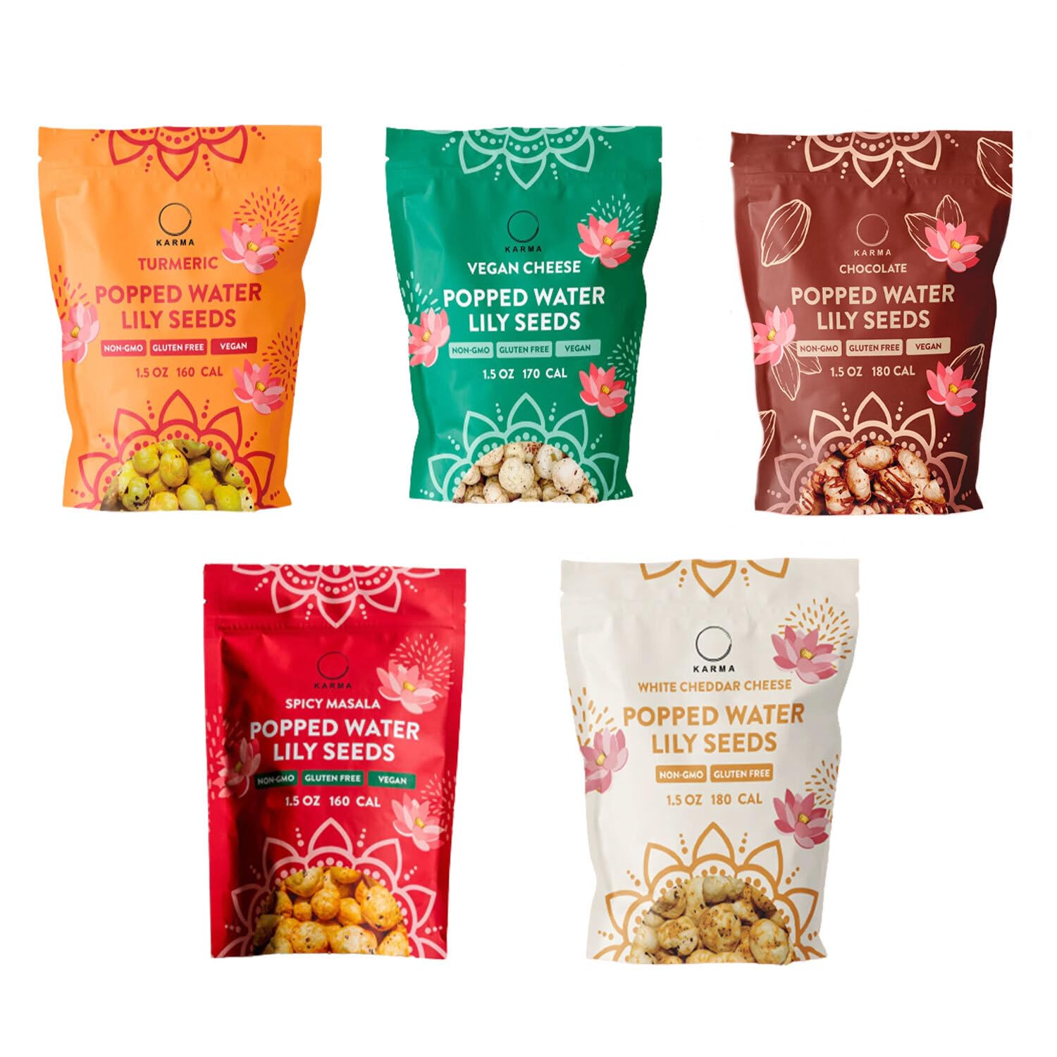 Karma Pops Variety Pack - 3g Protein, Gluten-Free, Vegan, Non-GMO - Turmeric, Chocolate, Cheddar, Masala Popped Water Lily Seeds - 1 oz (Pack of 12)