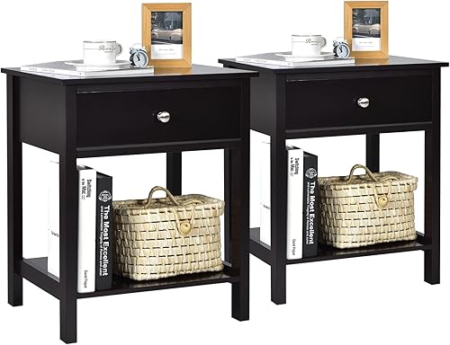 Miniatura 1 de COSTWAY 2PCS Mesita de noche con cajón Estante de almacenamiento Mesita de noche de madera Sofá Mesa auxiliar Negro
