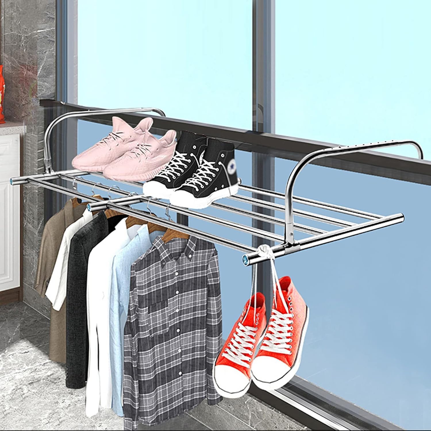 Balkon-Trockenständer, Edelstahl, faltbarer Wäscheständer, ausziehbarer Wäschetrockner zum Aufhängen von Handtüchern, Unterwäsche, Schuhen, Socken, 88–158 cm