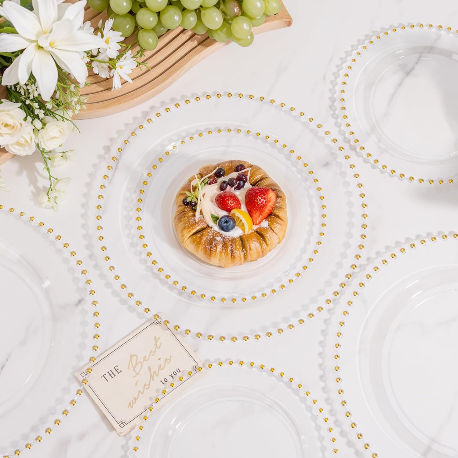 supernal 100pcs Clear Plastic Plates with Gold Beads-Clear and Gold Plastic Plates Disposable Heavy Duty-50 Dinner Plate 10.25inch and 50 Dessert Plate 7.5inch for Wedding,Birthday,Bridal Showers - Image 4
