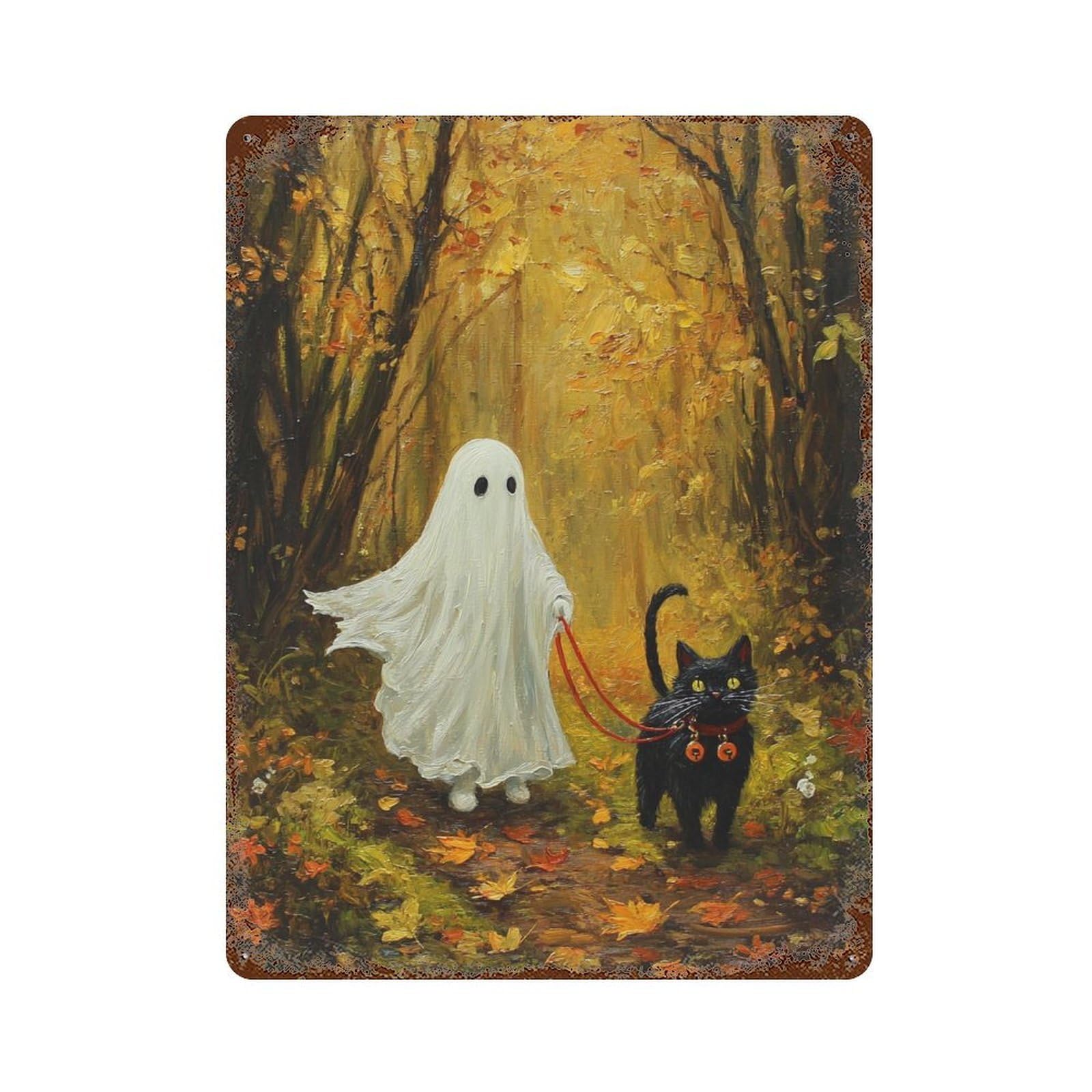 Ghost Cat Halloween Painting Vintage Rust Metal Sign 15.7"x11.8", for Basement, Hobby Room And Garage Decor, Farmhouse Wall Decor
