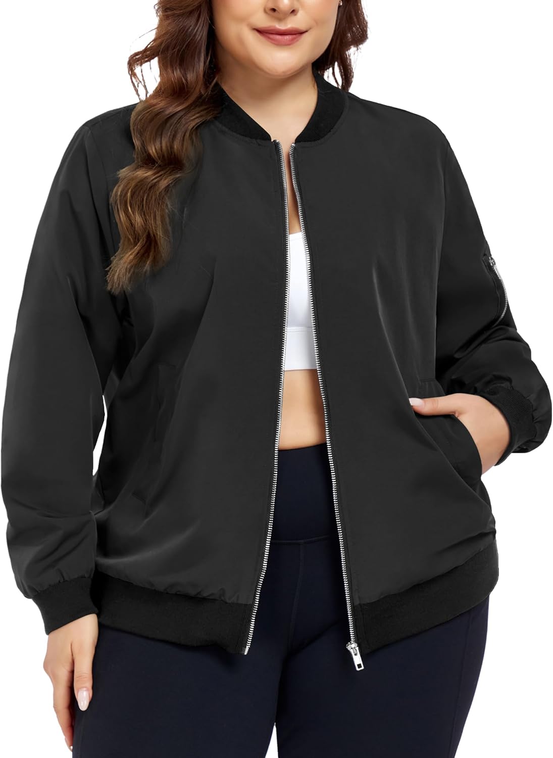 FOREYOND Women's Plus Size Bomber Jacket Zip Up Lightweight Coat Casual Cropped Windbreaker Outwear with Pockets
