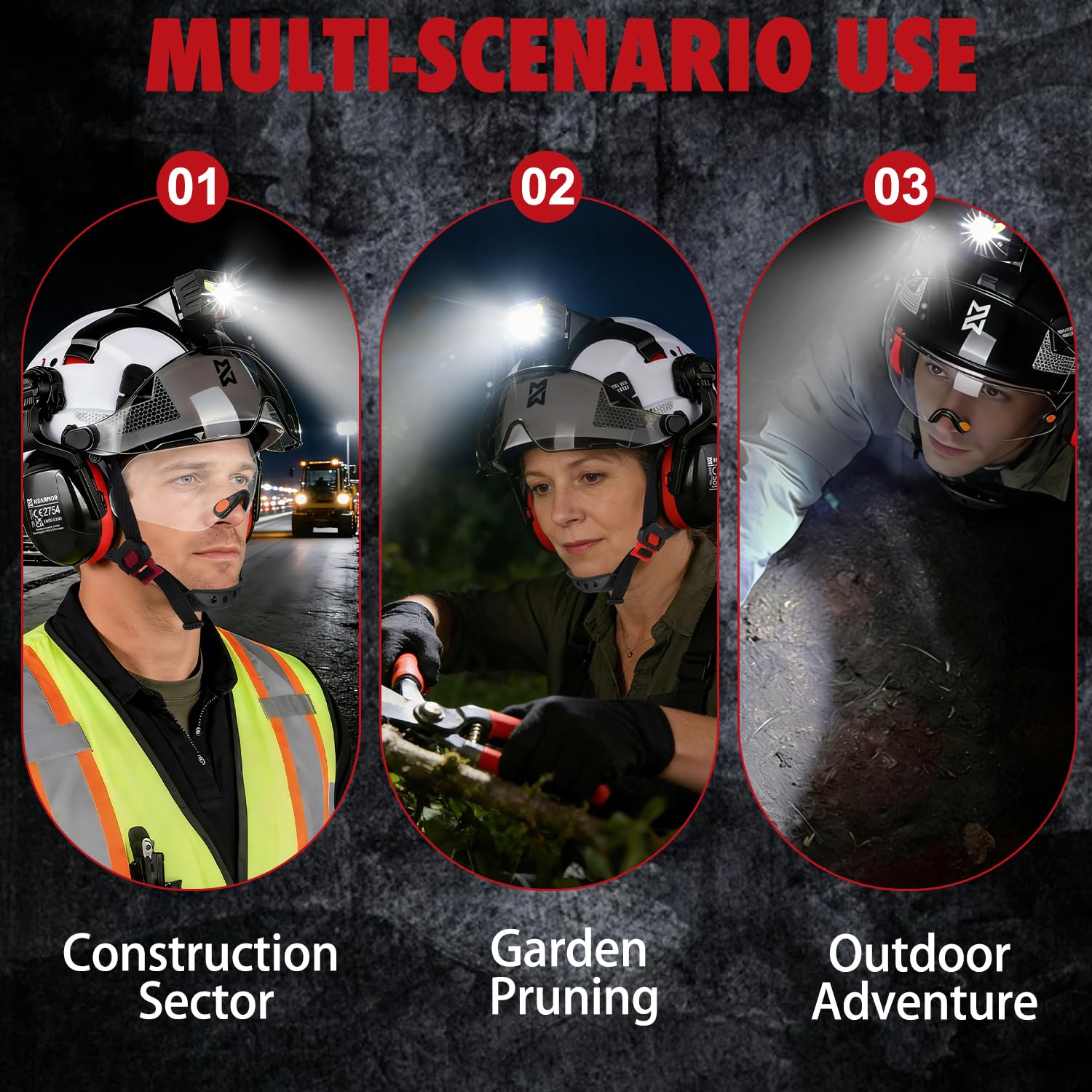HEARMOR VOLTEK Casque de protection industriel certifié CE EN397 avec lampe frontale LED + visière et protection auditive | Pour travaux forestiers, travaux de construction et escalade | Casque de
