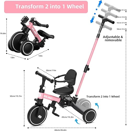 Miniatura 3 de Glaf Triciclo para niños pequeños de 1 a 3 años con mango de empuje de 2 a 4 años, bicicleta de bebé de juguete para niños y niñas de 1 año con