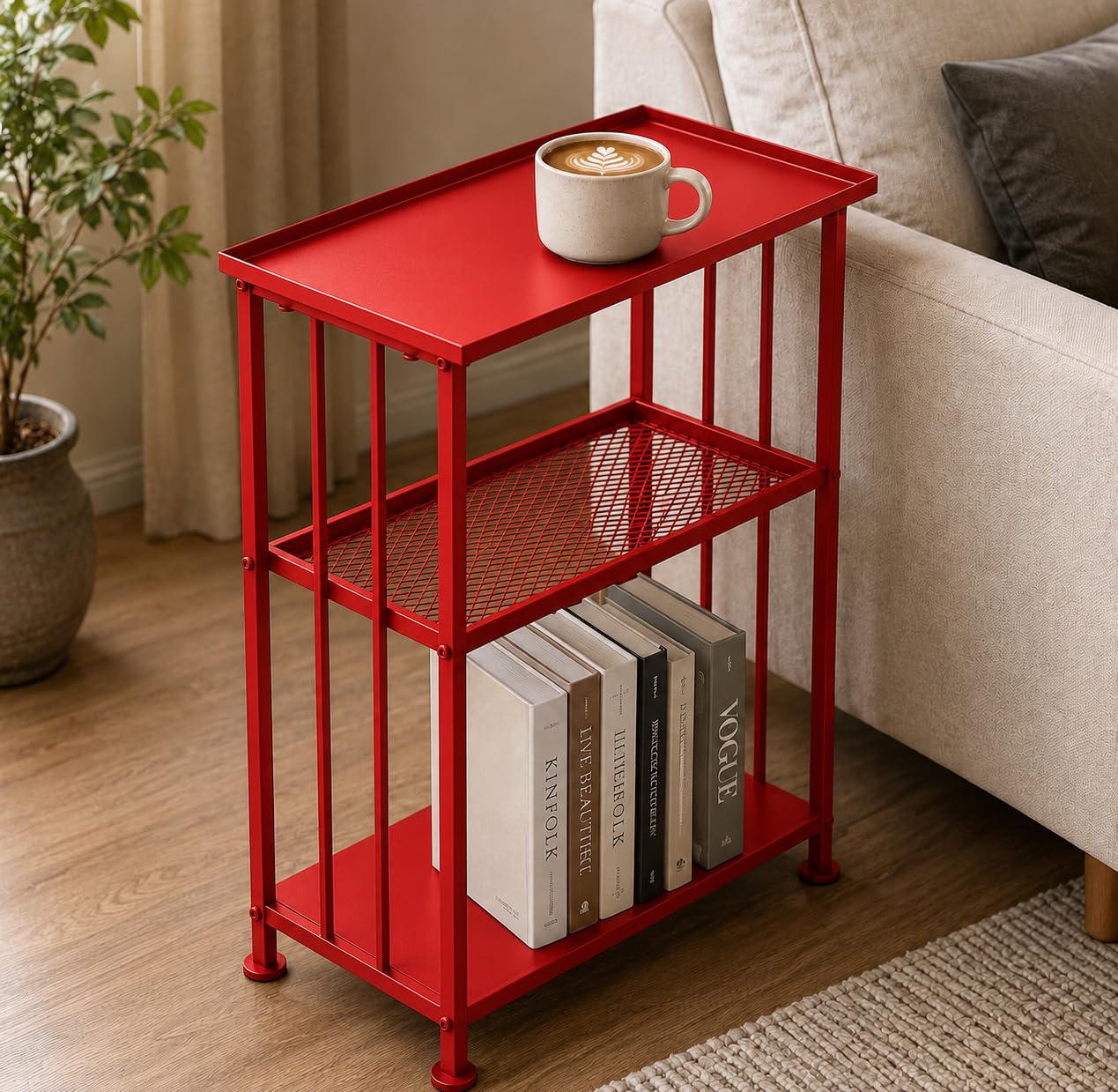56177 Vintage End Table/Metal Side Table with 3-Tier Storage Shelf, Narrow Nightstand Coffee Table for Small Spaces, Living Room, Entryway, Bedroom - RED (18X11X24 Inch)-image-7