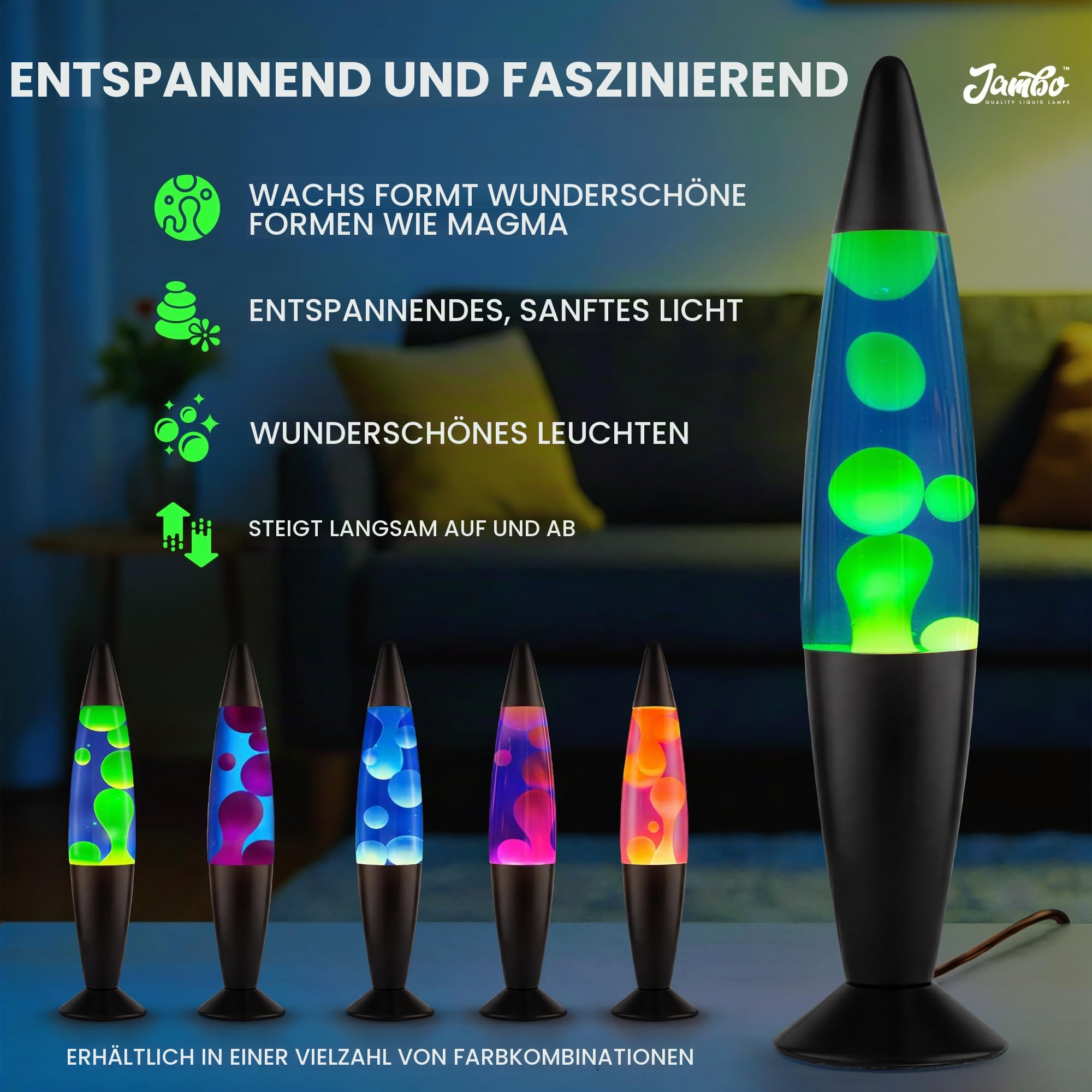 Jambo Liquid-Motion-Lampe mit schwarzem Sockel (Black Base, Blue Liquid, Yellow Wax, 16")