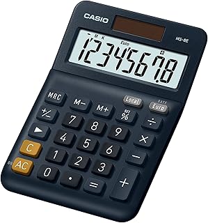 CASIO - Calcolatrice da tavolo MS-8E, 8 cifre, funzione di conversione valute (Euro) e tasto correzione ultima cifra. Alimentazione combinata