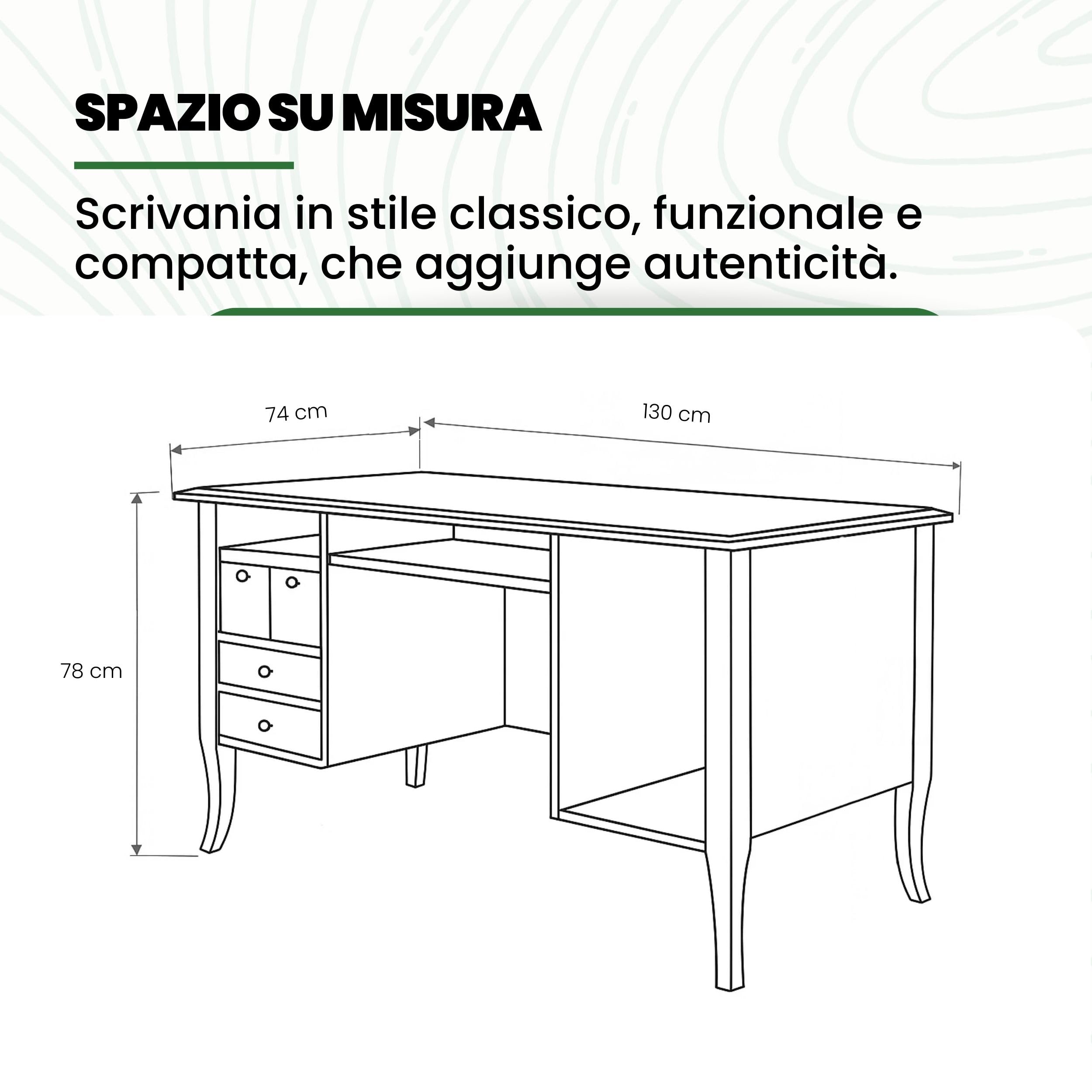 Mar.c.a. Design - Scrivania Arte Povera con Ripiano, Porta Tastiera e 4 Cassetti - Scrittoio in Legno 130x74x78 cm Made in Italy