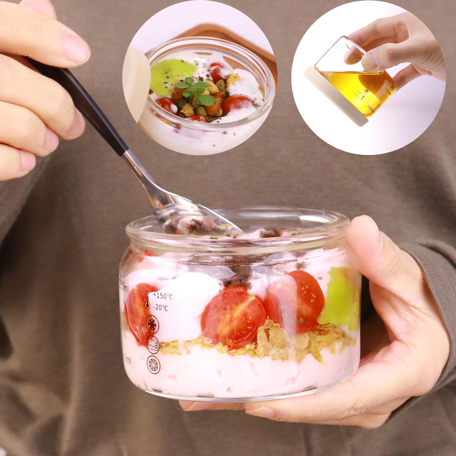 Vasos redondos de vidrio de pudín de 9 onzas, mini tazas de postre de vidrio con tapa, recipiente de comida de avena durante la noche con cubierta de sello de silicona, cuencos para vasos 6