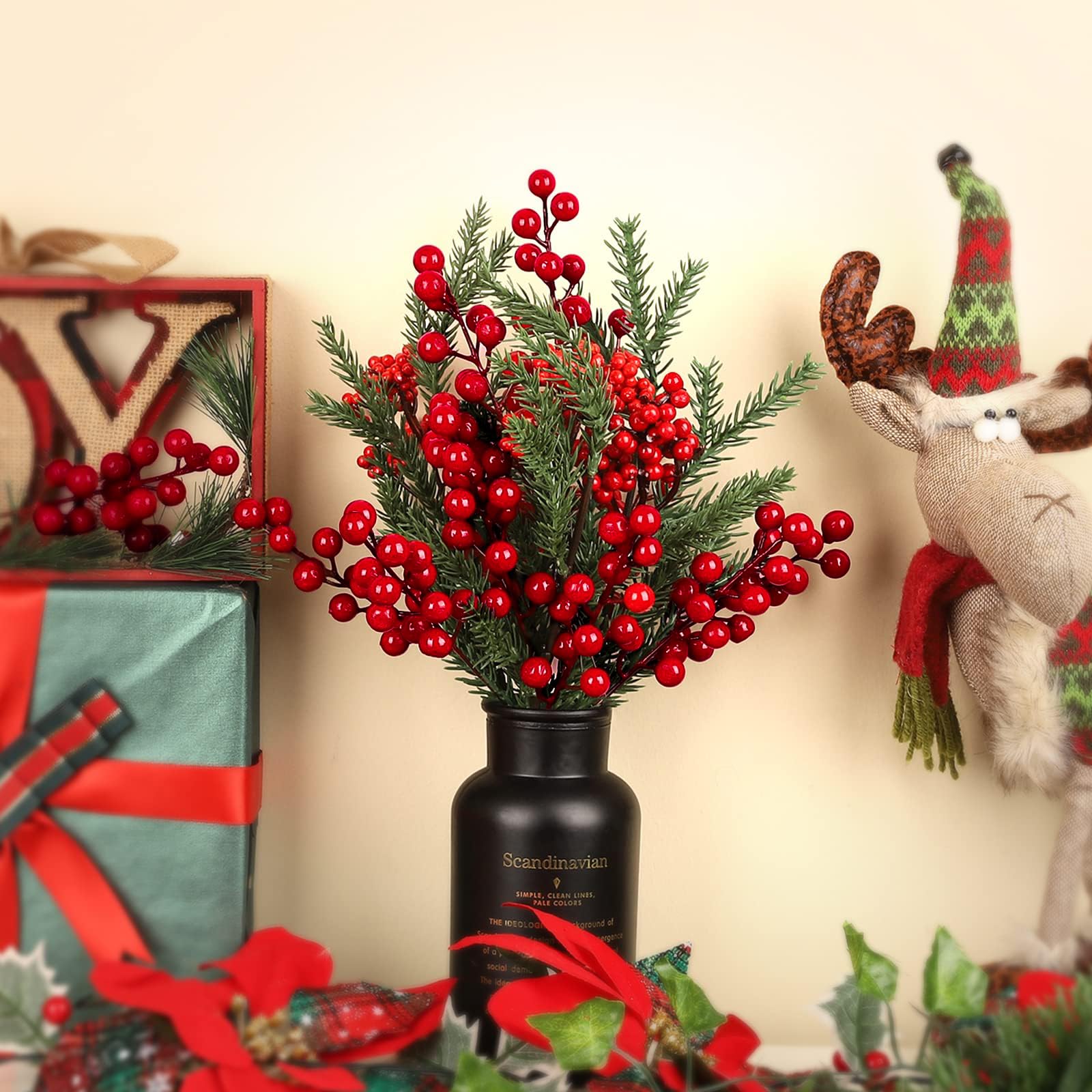 Artificial De Navidad Emivery 10 Ramas De Bayas Rojas Sintéticas, Bayas De  Acebo De Navidad Con Hojas Verdes, Tallos Ramas De Pino, image size:1600x1600