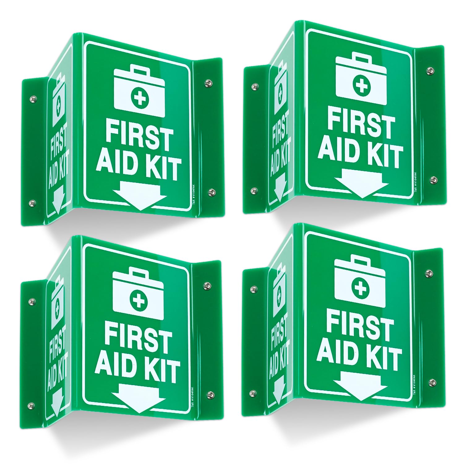 T&R Kit di primo soccorso, kit di primo soccorso con freccia verso il basso, confezione da 4, 20,3 x 15,2 cm, acrilico, 4 fori preforati, include viti abbinate, uso per ufficio/lavoro