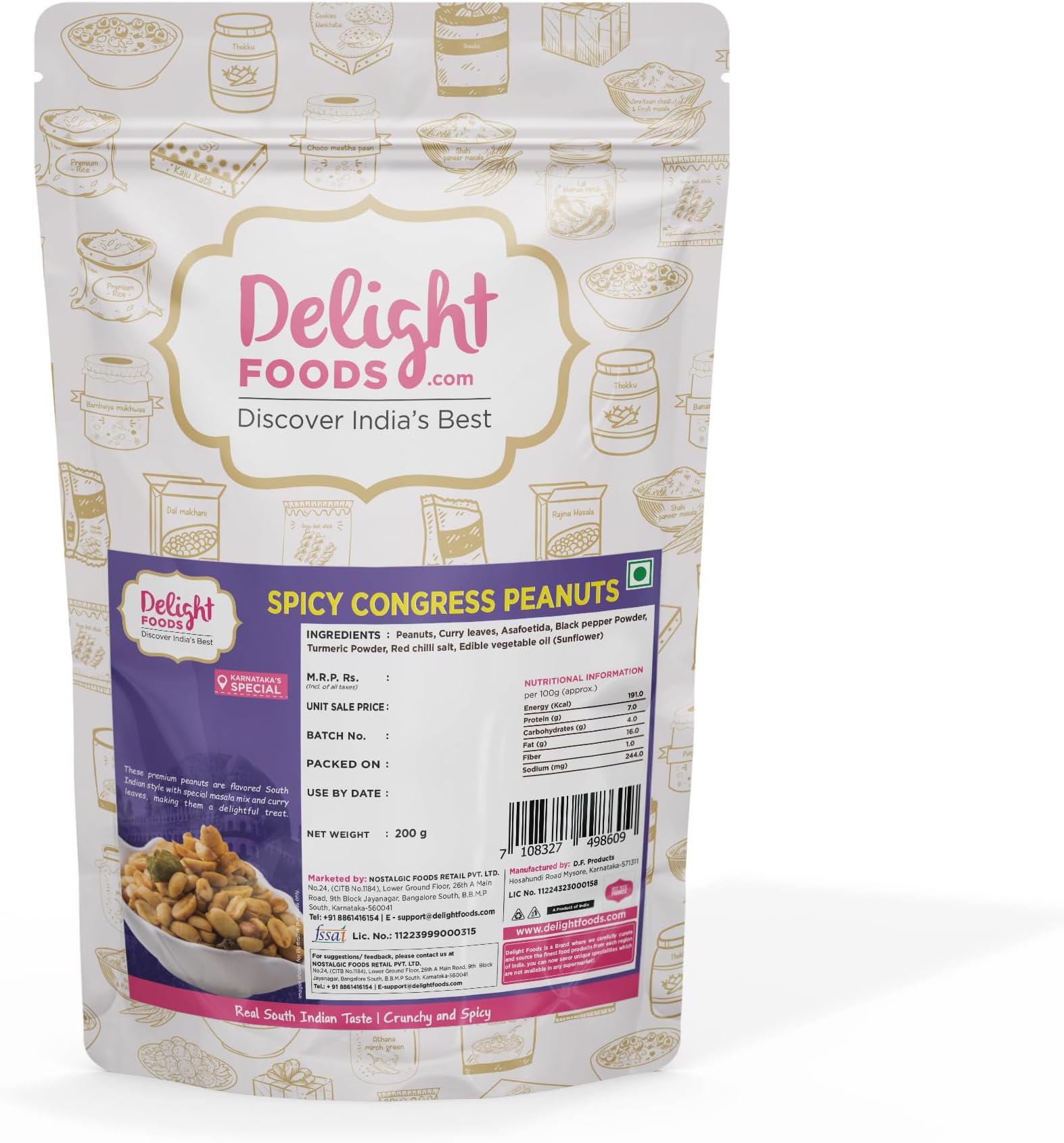 Delight Foods Karnataka Special Spicy Congress Masala Peanuts 200g | Crunchy Roasted Groundnuts | Sing Dana Namkeen | Hot & Spicy Tea Time Snack | Ready to Eat