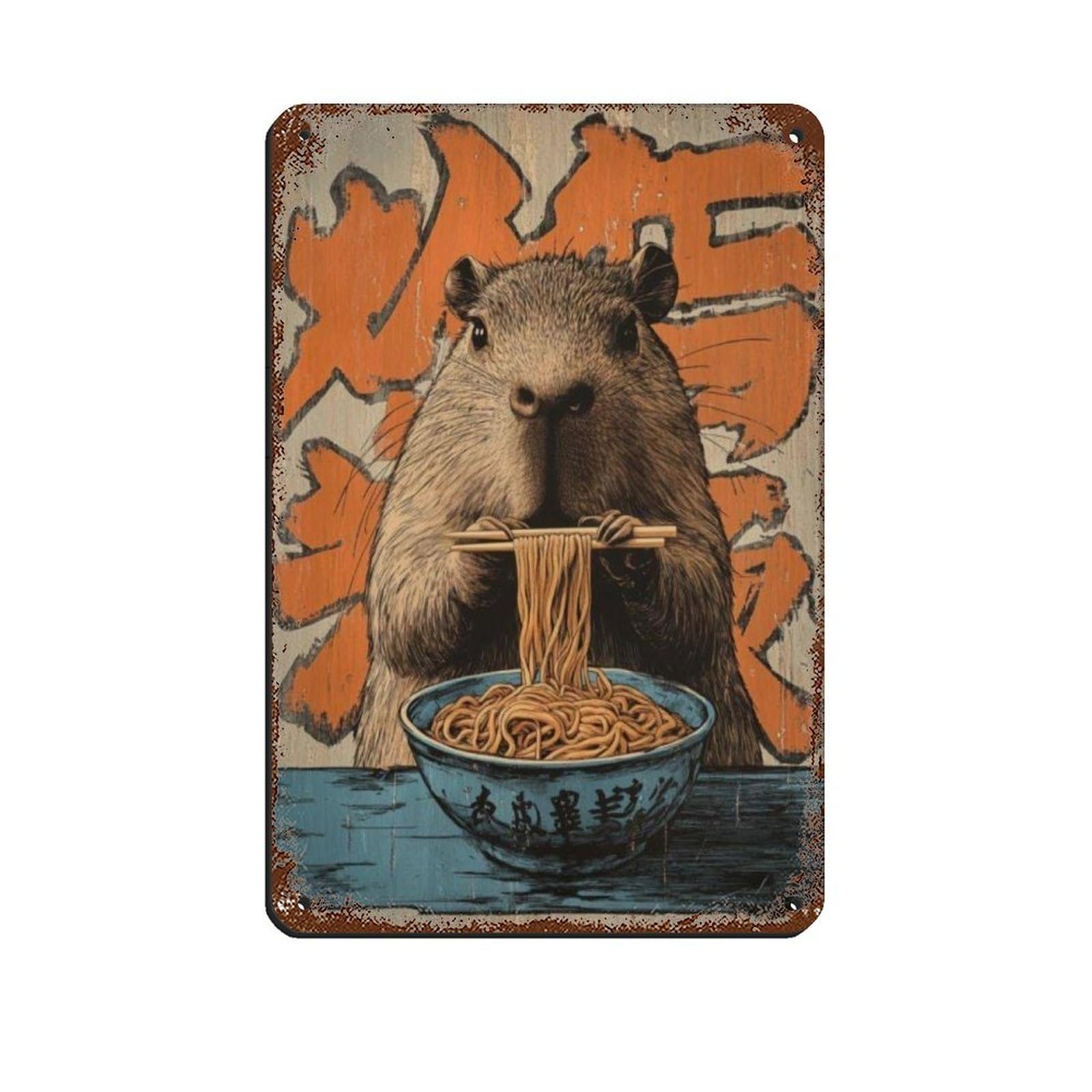 Cute Capybara Ramen Poster, Retro Poster Metal Tin Sign Chic Art Retro Iron Painting Bar People Cave Cafe Family Garage Poster Wall Decoration 8x12inch(20x30cm)